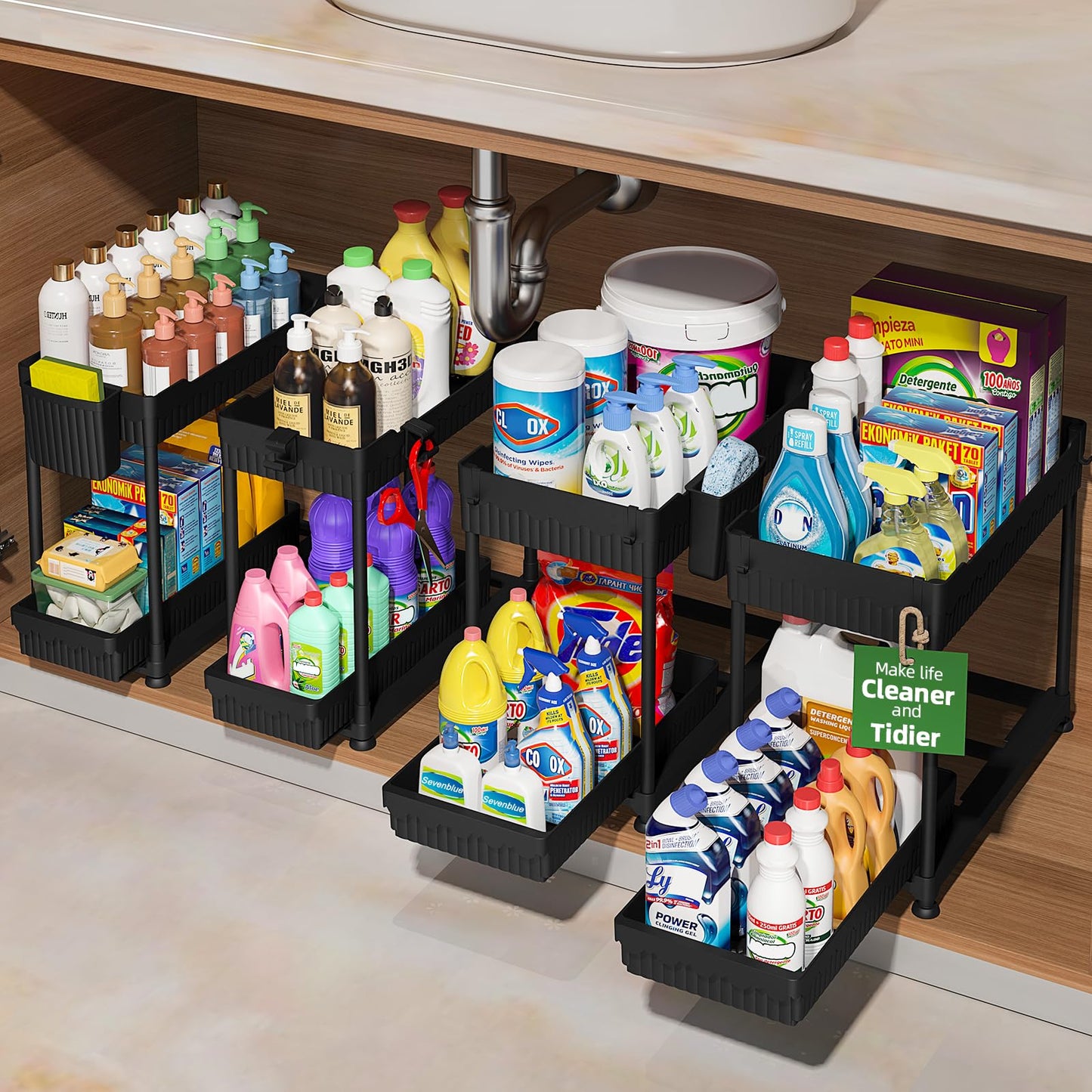 Sevenblue 4 Pack Under Sink Organizer and Storage, 2 Tier Sliding Bathroom Organizers, Multi-Use Under Sink Organizer for Bathroom and Kitchen (4 Pack Black)