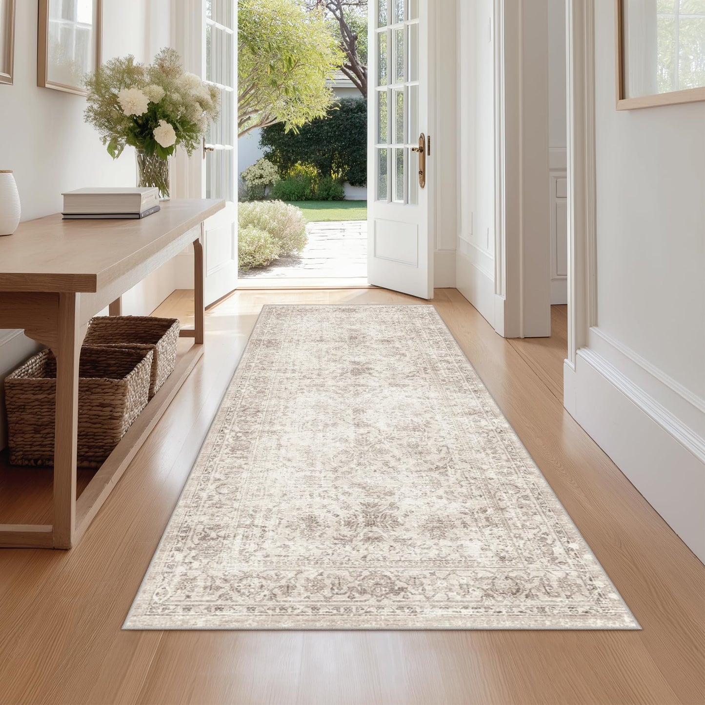 Fmfunctex 2x6 Hallway Runner Rug Beige Vintage Neutral Washable Non Slip Low Pile Traditional Entryway Indoor Carpet Soft Retro Tapis Salon for Kitchen Living Room Bedroom Bathroom Laundry Entrance