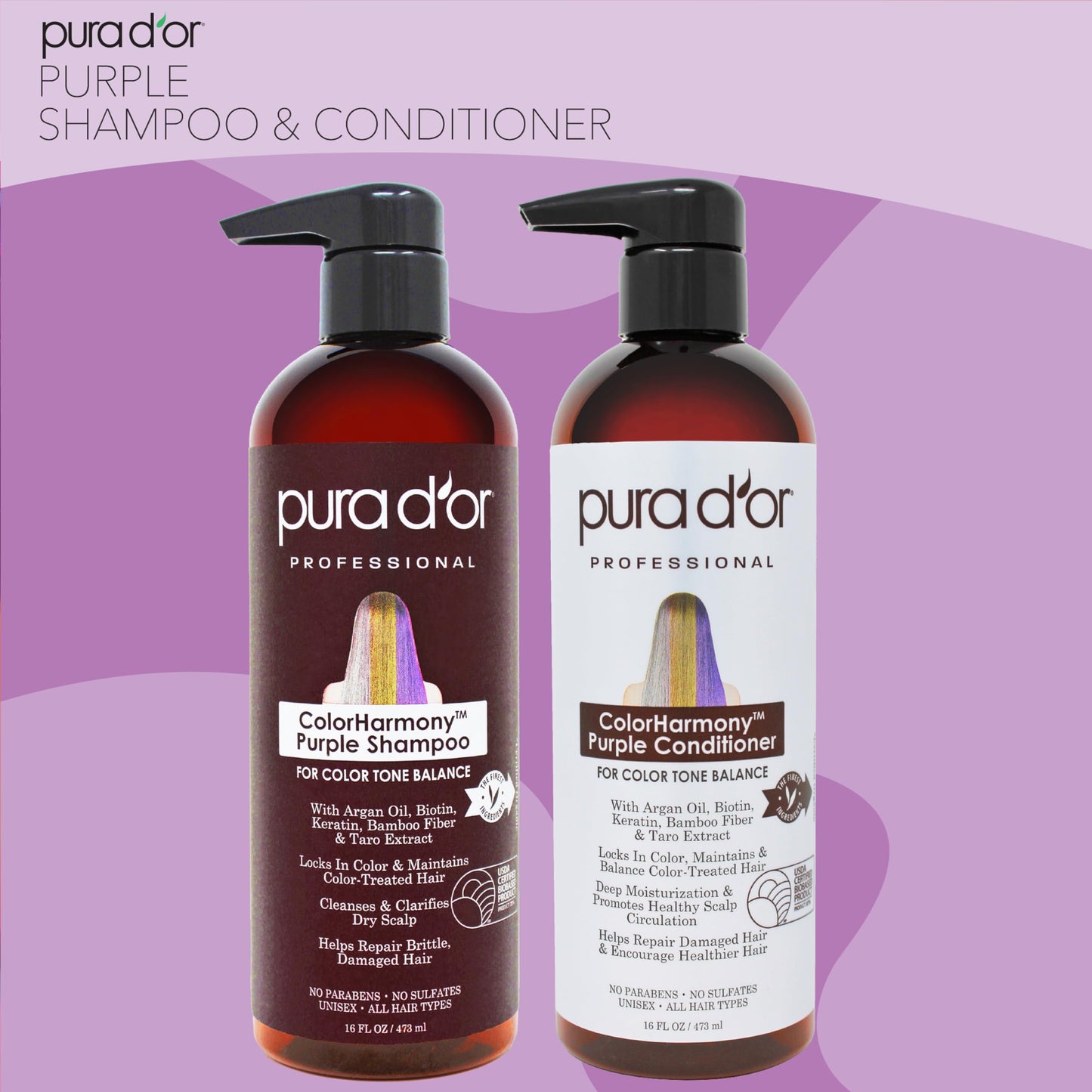 PURA D'OR Professional Grade Purple Biotin ColorHarmony Shampoo & Conditioner Set (16oz x 2) Blonde, Silver & Color Treated Hair - Keratin, Bamboo Fiber, Sulfate Free, Natural Ingredients: Men & Women