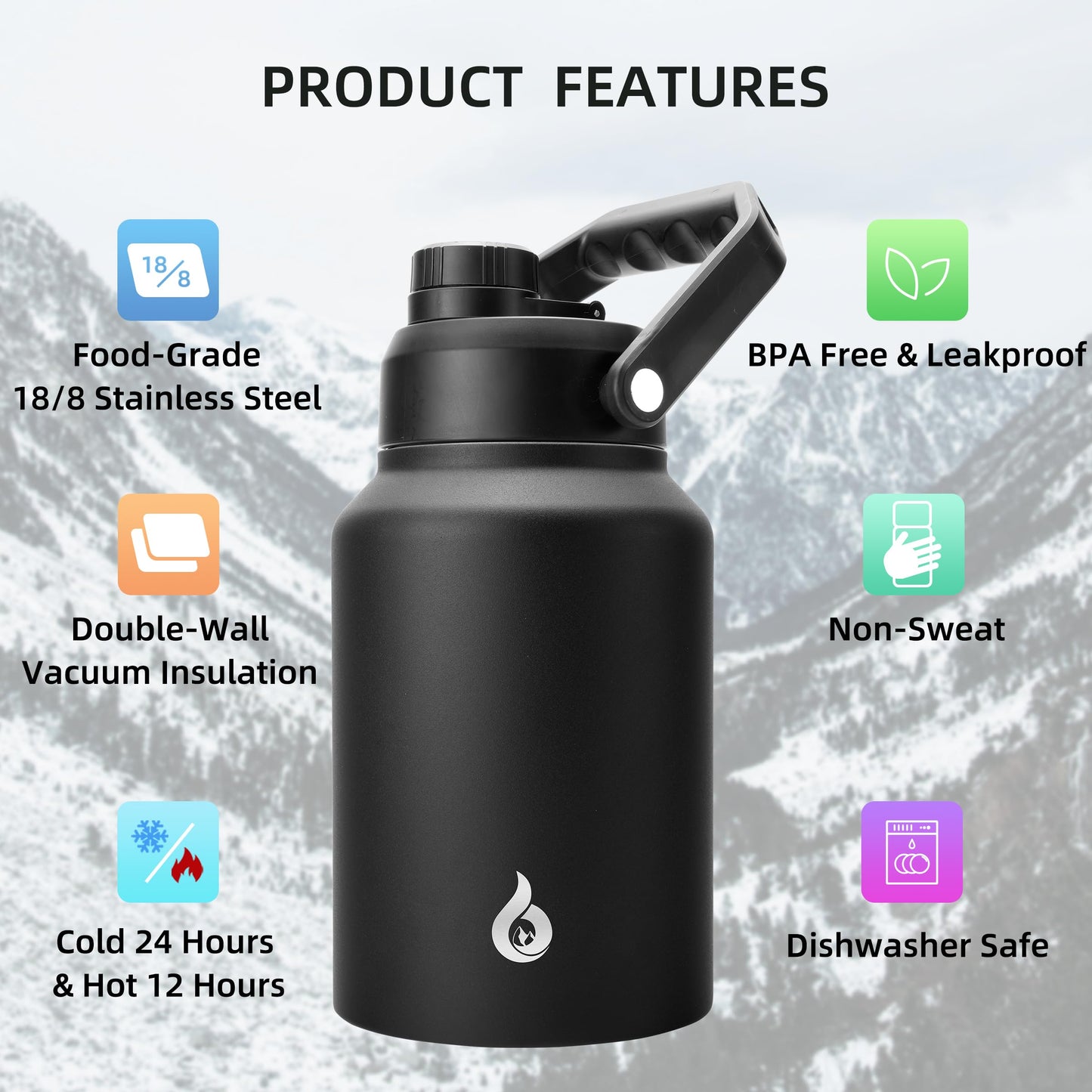 BJPKPK 64 oz Insulated Water Bottle, Dishwasher Safe Half Gallon Water Bottle with Ergonomic Handle, BPA Free Leak Proof Water Jug for Sports, Metal Thermo with Anti-Slip Bottom, Black
