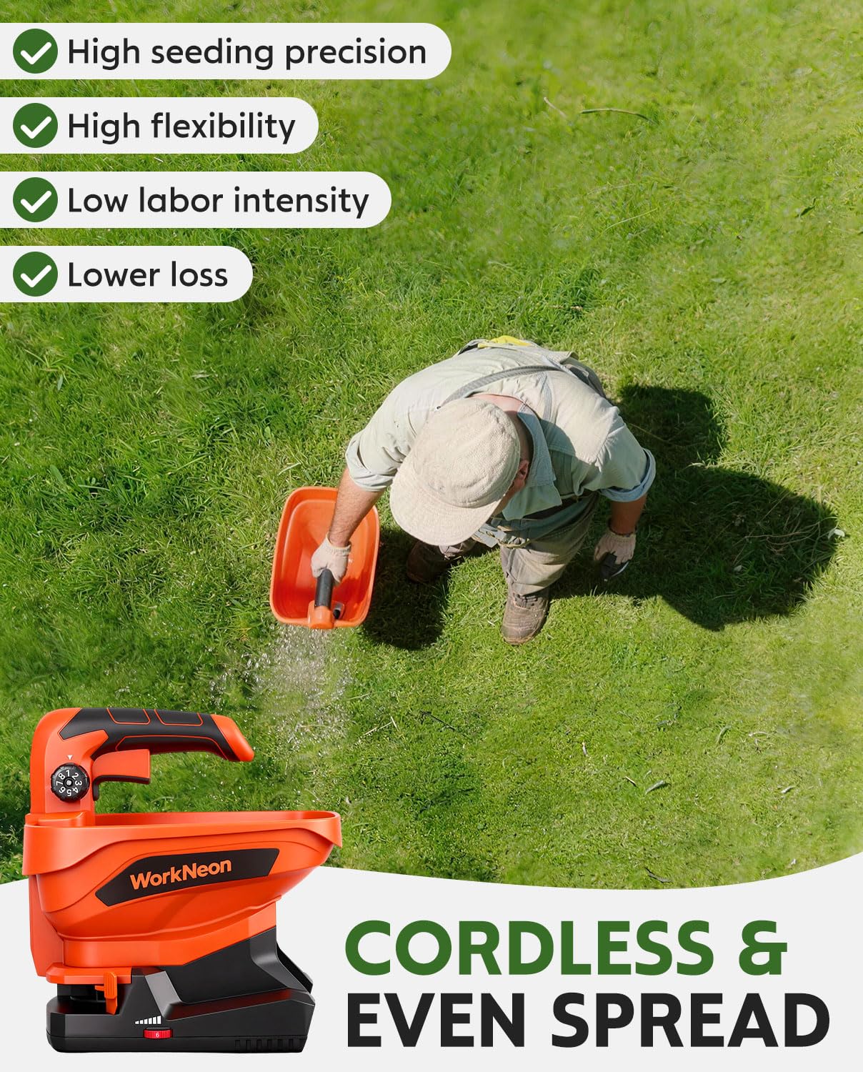 WorkNeon Electric Grass Seed Spreader, 8V Seed Spreader, Handheld Seed Spreader for Lawn, Portable Granule Spreader for Seed, Feed, Weed
