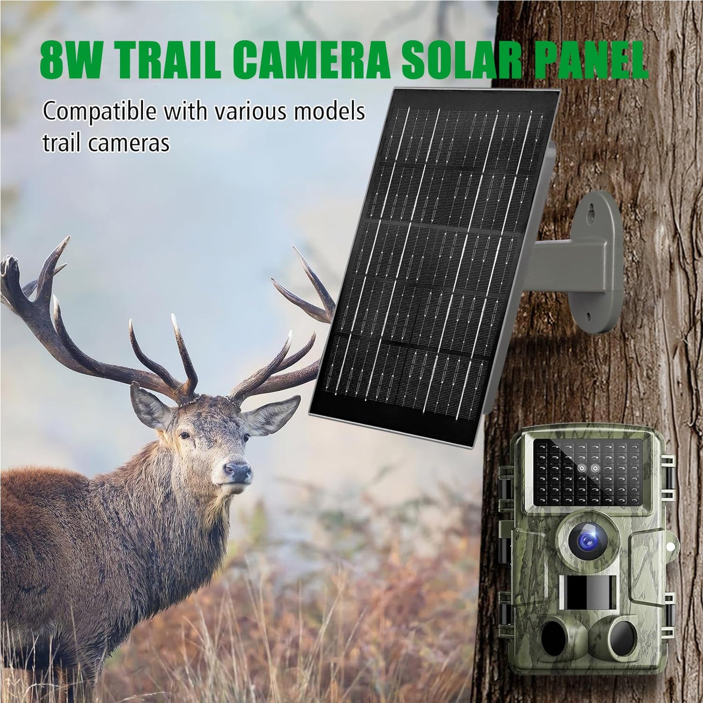 SLODA 8W Trail Camera Solar Panel,Solar Battery Charger Kit for Trail Cameras-12V/1.5A,6V/2.0A,12000mAh Rechargeable Lithium Battery IP66 Waterproof