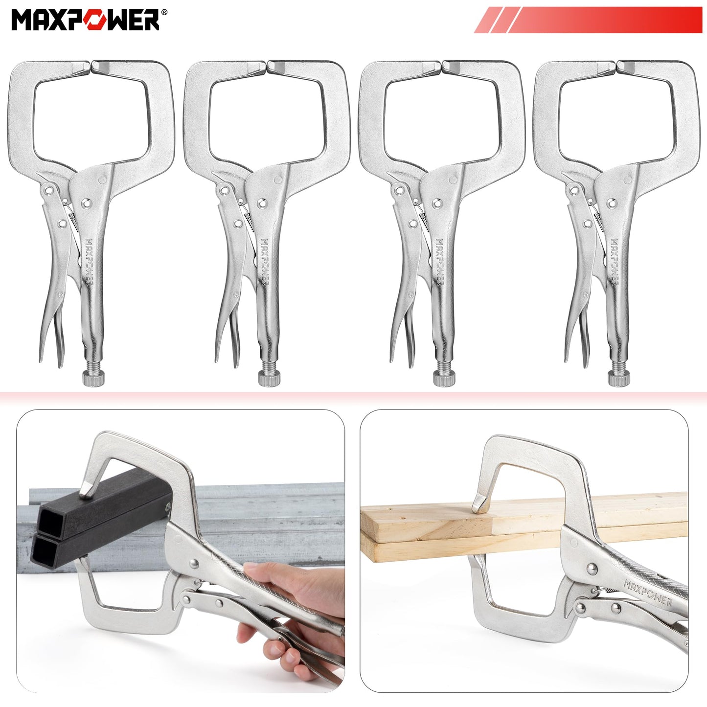MAXPOWER 11-inch Locking C Clamp, Heavy Duty C-Clamp Locking Pliers with Regular Tip for Welding - 4 Pack
