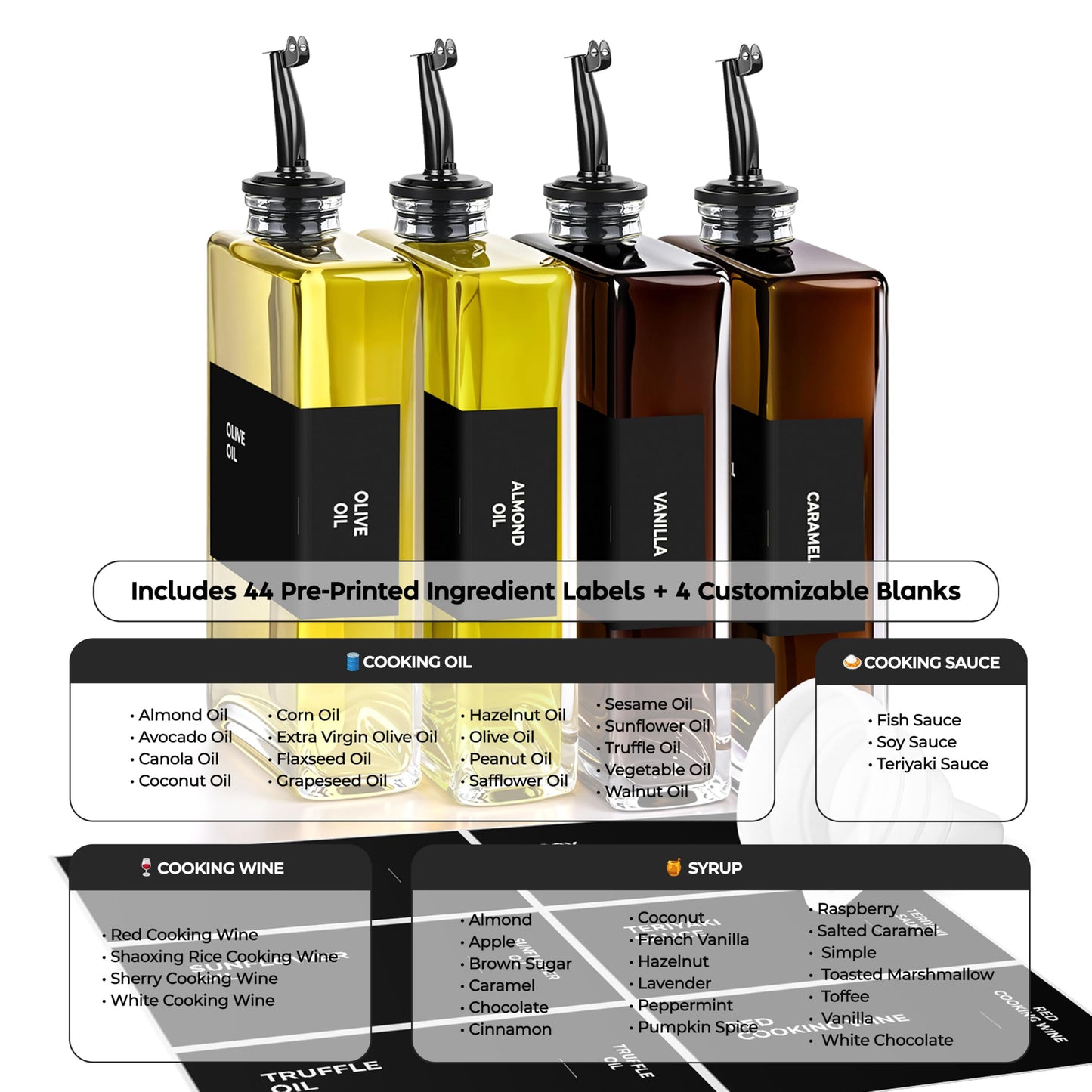 Spaceneat Olive Oil Dispenser Bottle - Includes 48 Kitchen Essential Labels - Cooking Oil Bottles for Kitchen, Coffee Syrup Dispenser - Pourer Spout with 350 mL Glass Container Cruet - 4pcs, Black