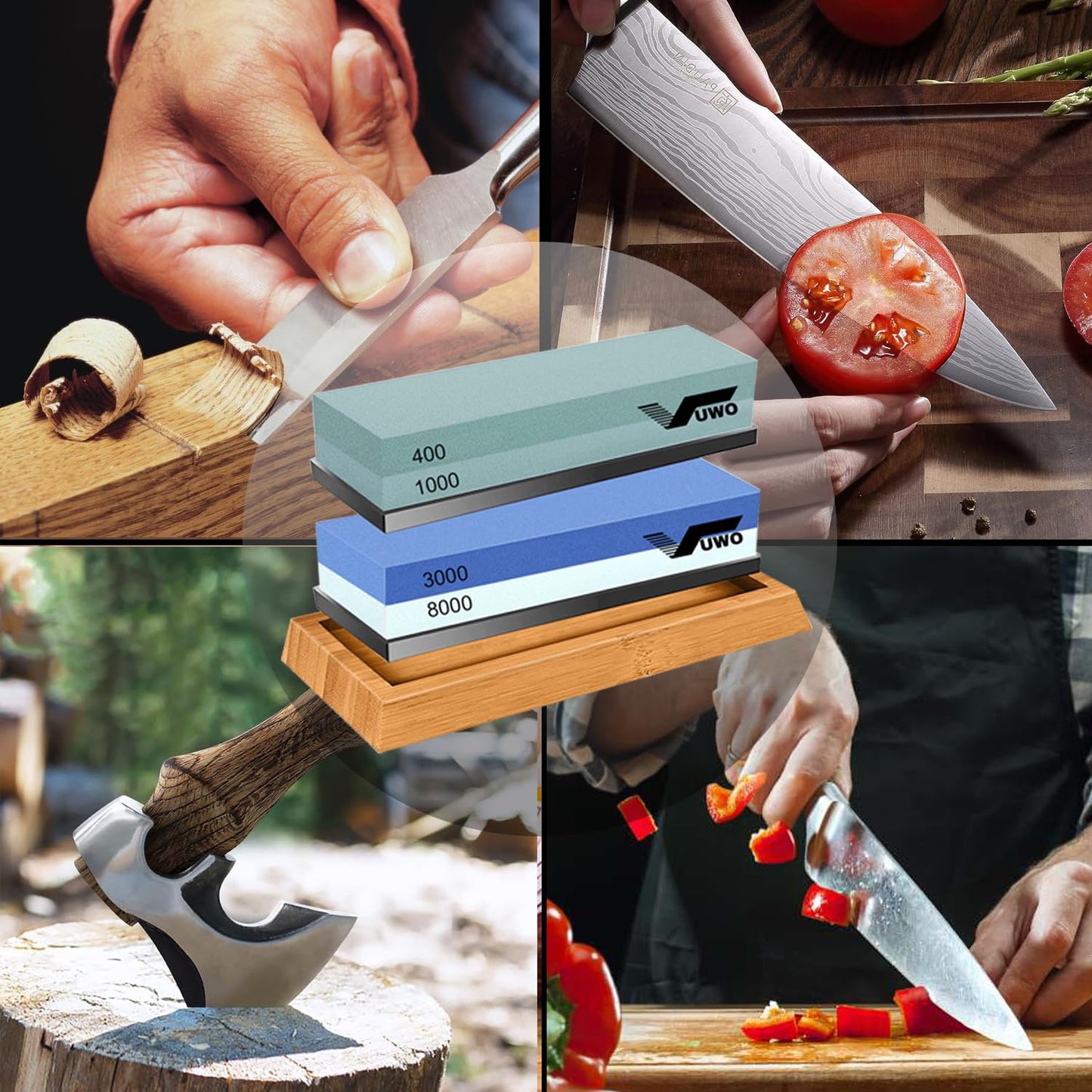 vuwo Knife Sharpening Stone Kit - Whetstone Grit 400/1000 3000/8000 Premium Knife Sharpener Wet Stone Set with Bamboo Base Angle Guide Flattening Stone Silicon Holder and Leather Strop