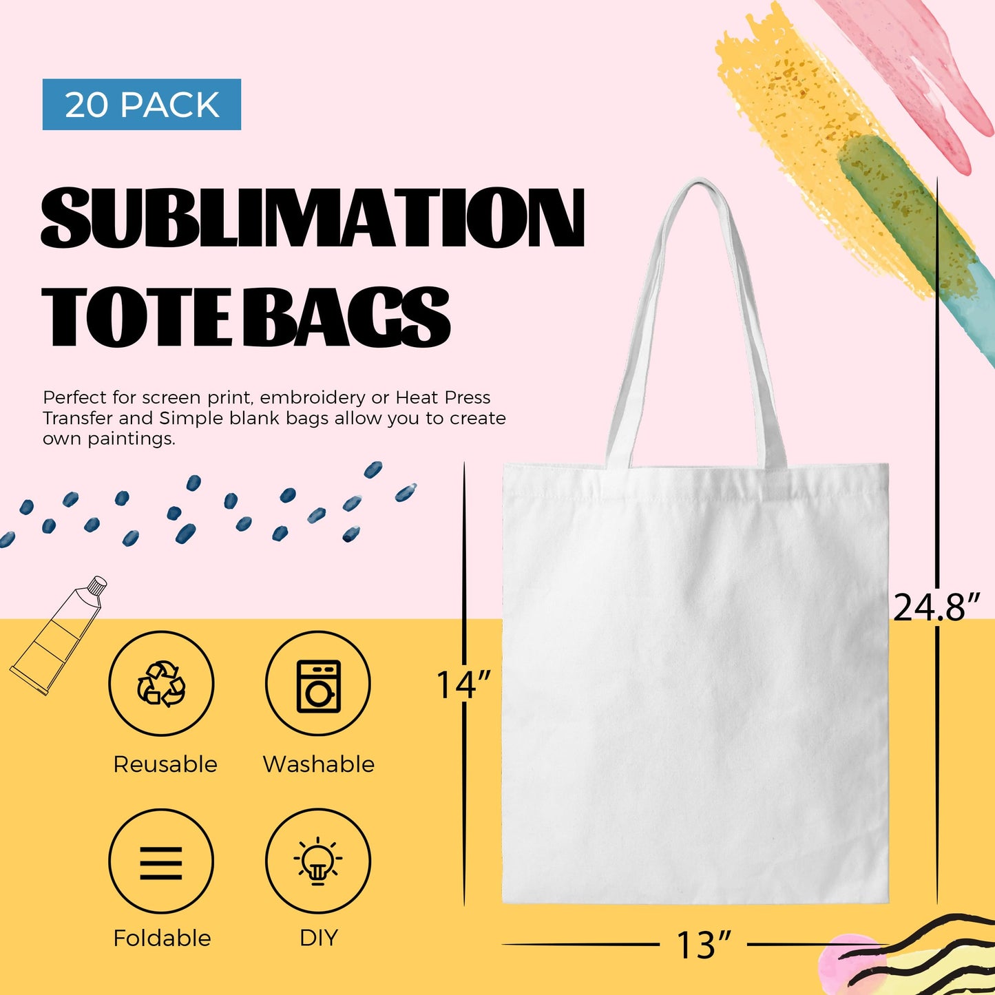 Joyclub 20 Pack Sublimation Tote Bags Blanks Polyester Canvas Tote Bags Reusable Grocery Bags to Decorate Painting Crafting Sublimation DIY For Gift Halloween