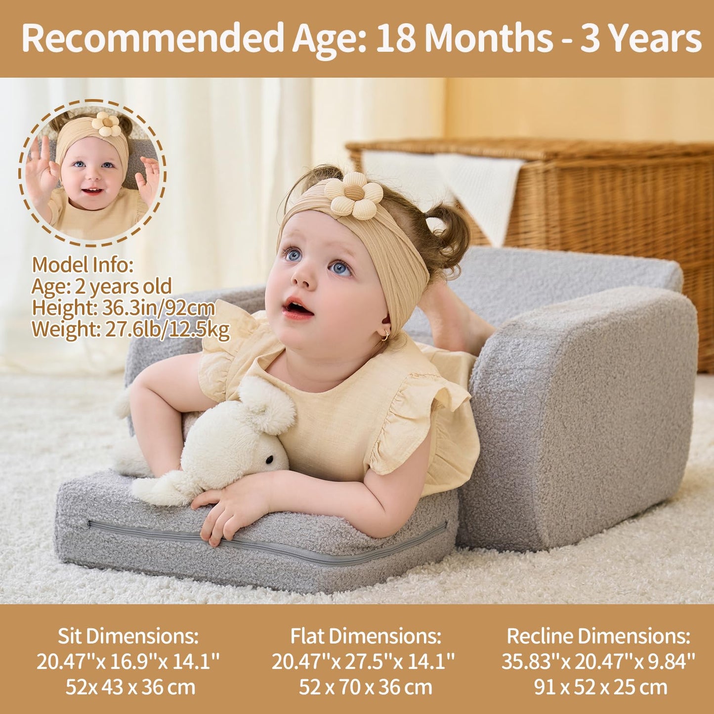 KidBloom Kids Couch, 3-in-1 Toddler Chair for Sit, Flat and Recline, Sherpa Fabric Fold Out Sofa, Sofa for Kids Boys and Girls