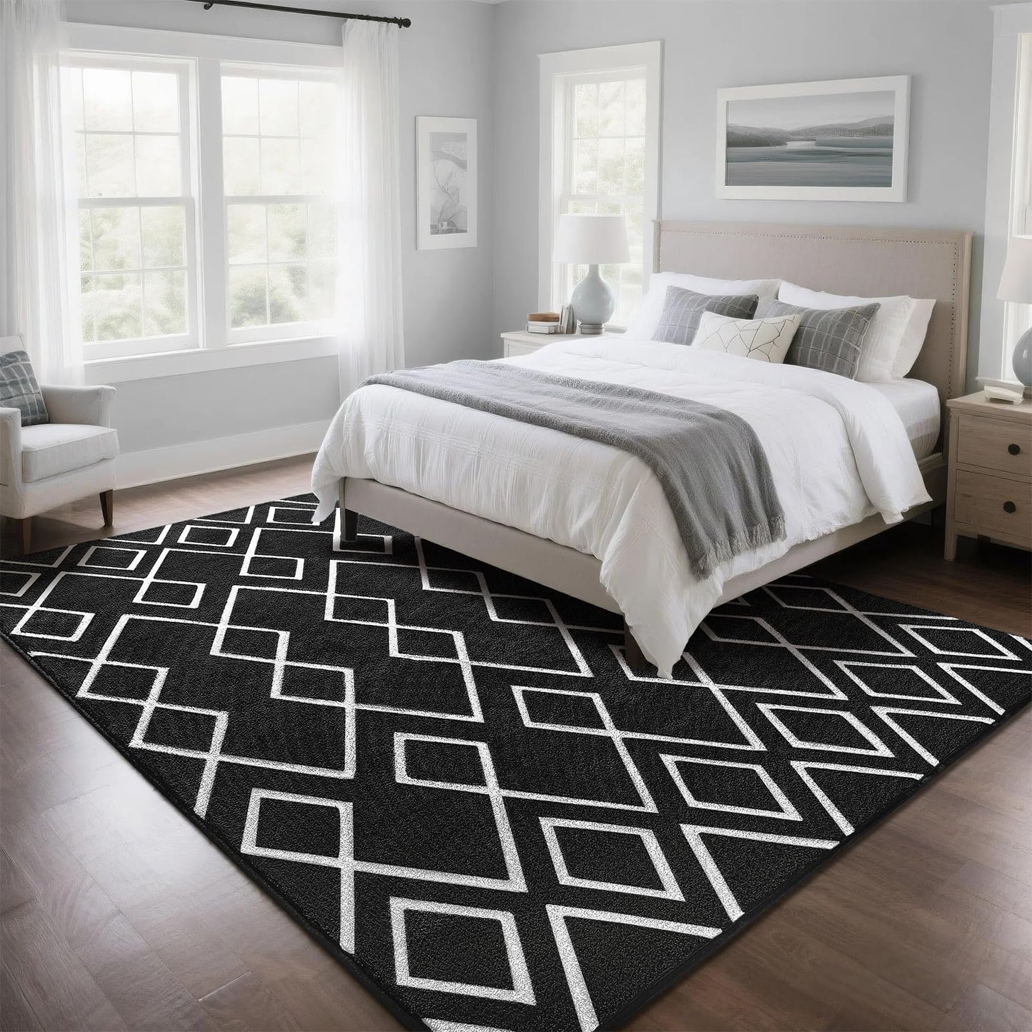 Rtizon Soft Area Rug for Bedroom, 5x7Ft Moroccan Rugs for Living Room, Geometric Non-Slip Carpet with Memory Foam for Boys Girls's Bedside Office Dorm Farmhouse, Black and White
