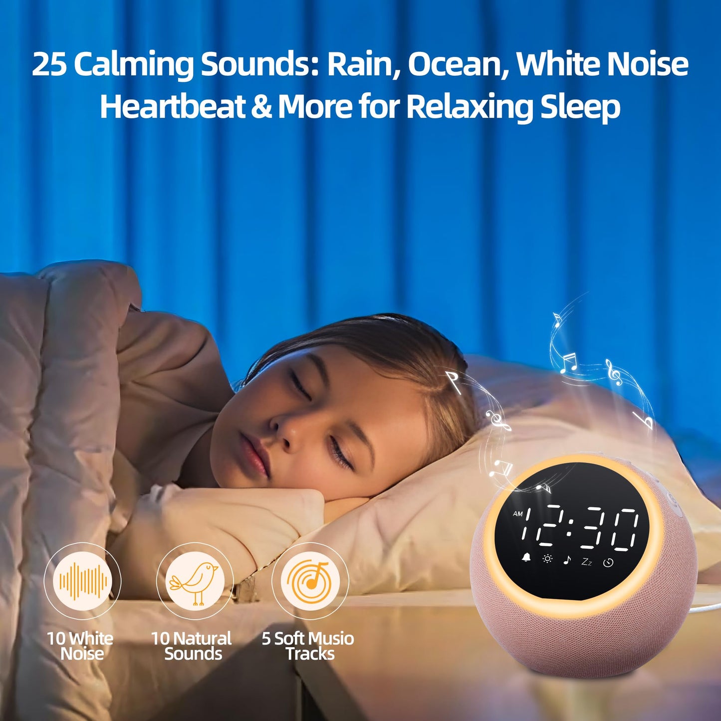 Mee 2ou Smart Alarm Clock for Bedrooms, Digital Alarm Clock with White Noise Machine, 25 Sounds, Snooze, Sleep Timer, Adjustable Volume for Kids, Adults, Heavy Sleepers, Pink