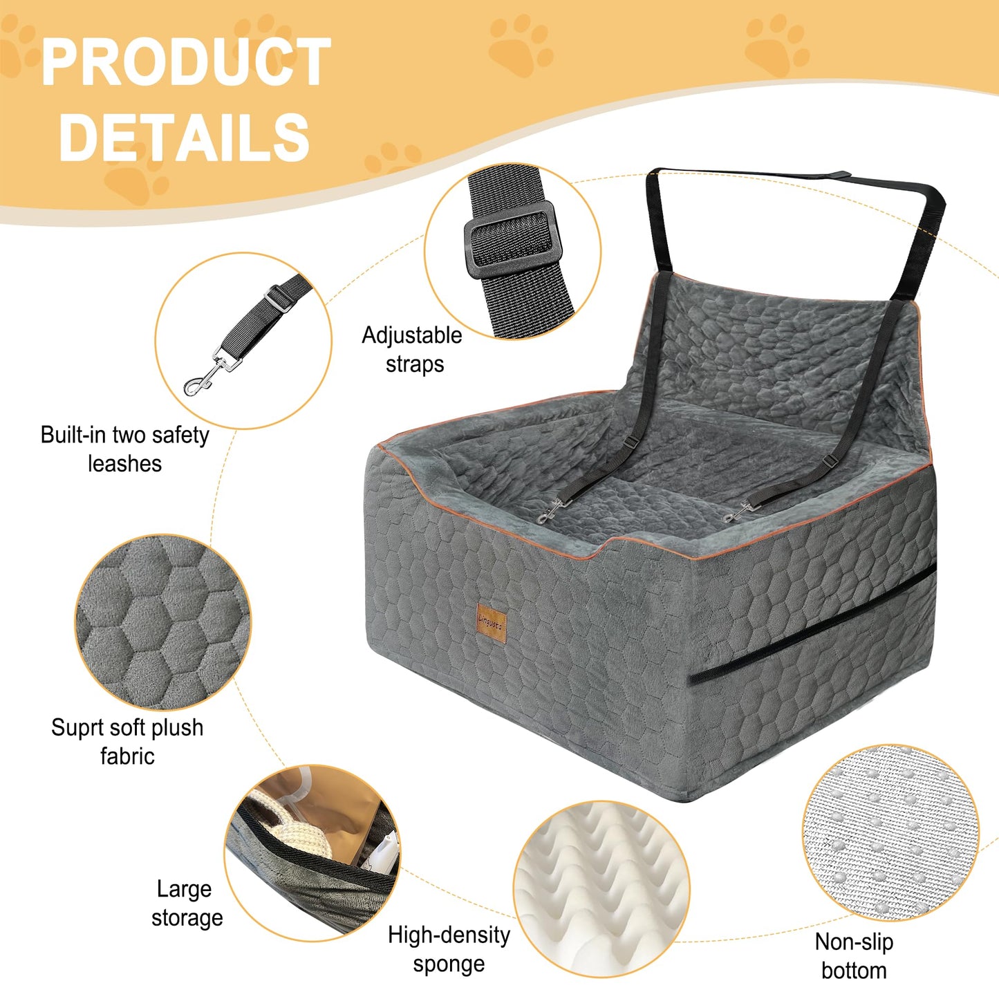 Dog Car Seat for Medium/Large Dogs, Booster Car Seats for Under 60 lbs or 2 Small Dogs, Elevated Pet Car Seat with Storage Pockets and Belt(Grey)
