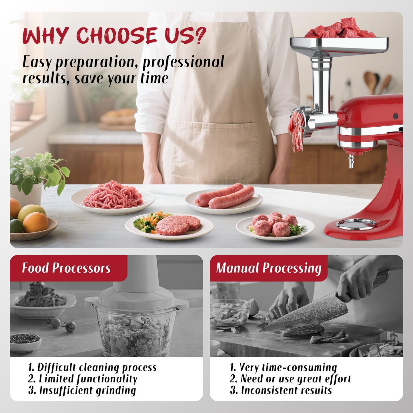 Metal Food Grinder Attachment for KitchenAid Stand Mixer and Cuisinart Mixer SM-50Series,Meat Grinder,Durable Attachment for KitchenAid Mixers,Sausage Stuffer,5 Grinding Plates,2 Grinding Blade