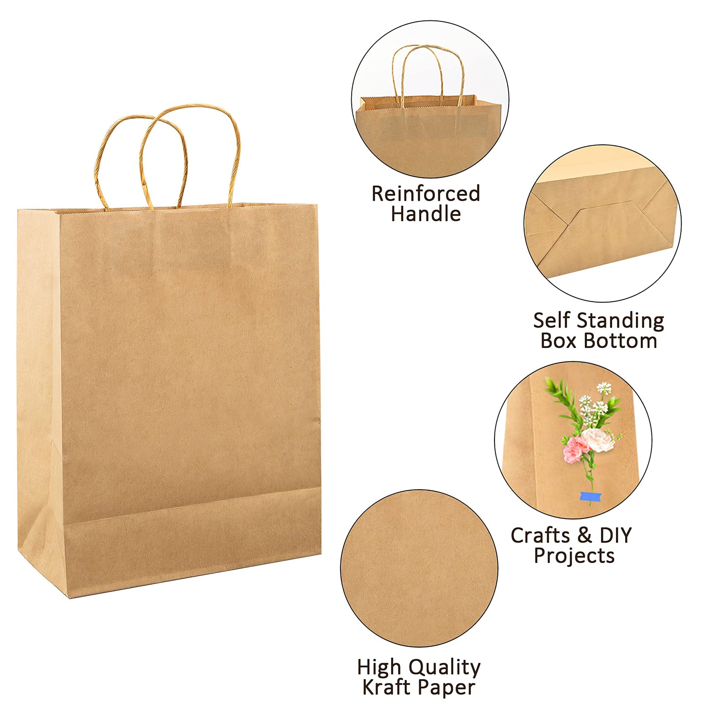 120Pcs Paper Bags with Handles Bulk, 8x4x10 Inch Kraft Paper Bags for Small Business, Shopping Bags, Retail Bags, Gift Bags, Merchandise Bags, Party Bags (Brown)