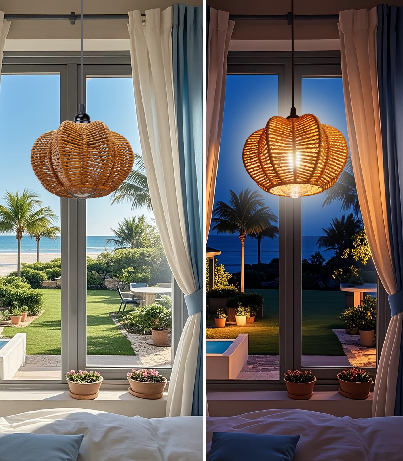 Battery Operated Chandelier Outdoor Waterproof, Gazebo Lights Battery Powered, Boho Rattan Hanging Pendant Light for Porch, Patio, Pergola, Garden, Balcony (2 Pack)