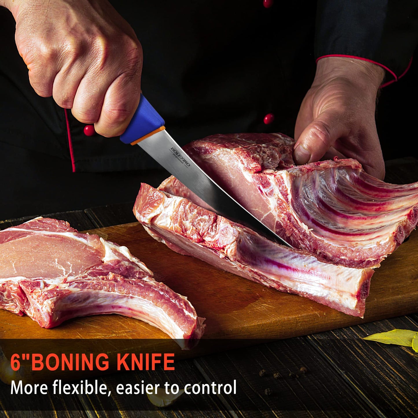 BOLEXINO 5 PCS Butcher Knife Set with Non-Slip Softgrip, Commerical Grade for Meat Cutting Skinning Boning Slicing, Incl. 10" Sharpener Rod & Portable Knife Roll Bag, X50CrMoV15 German Steel