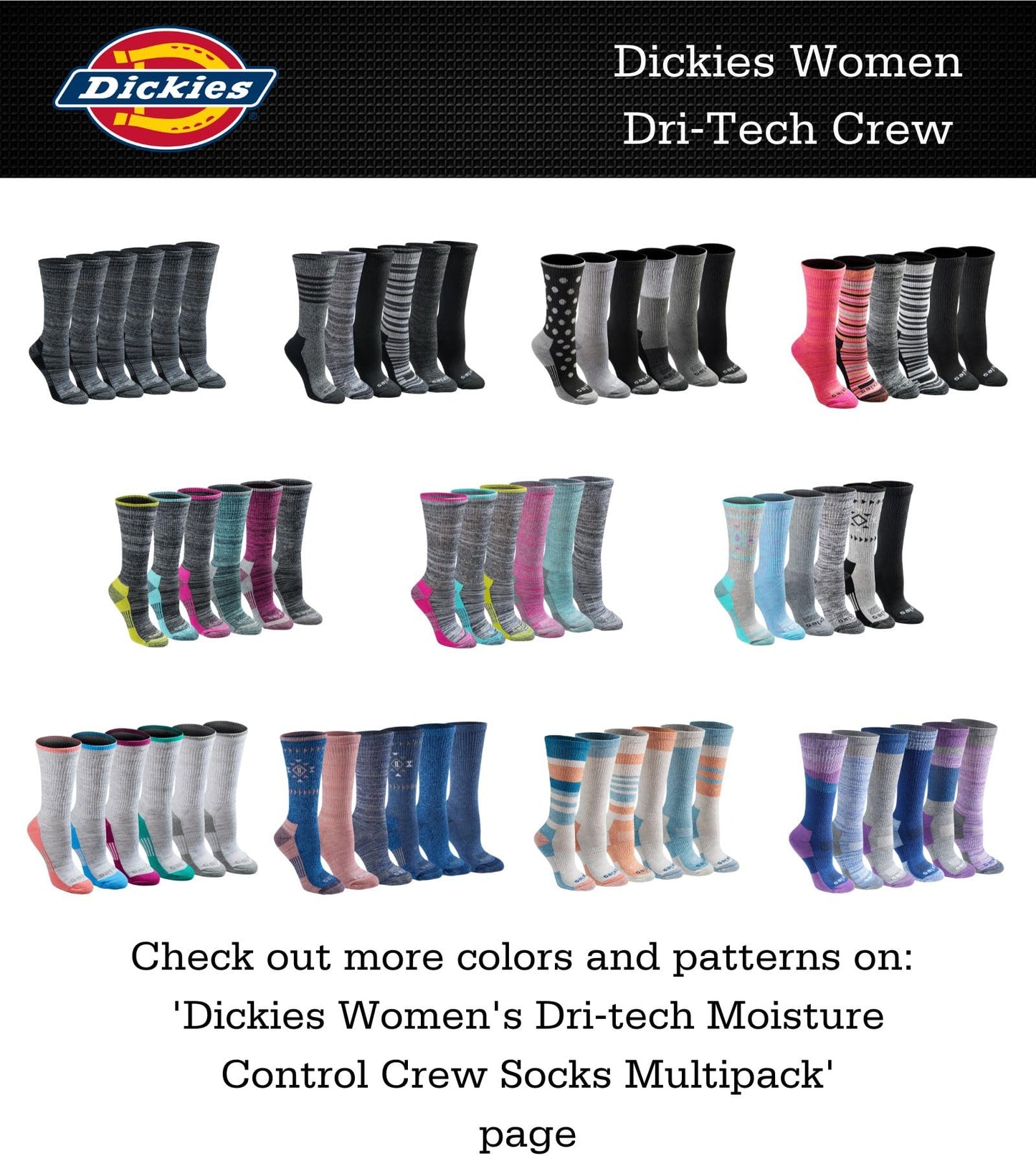 Dickies Women's Dritech Advanced Moisture Wicking Crew Sock (6/12 Packs), Black Bright (12 Pairs), Shoe Size: 6-9