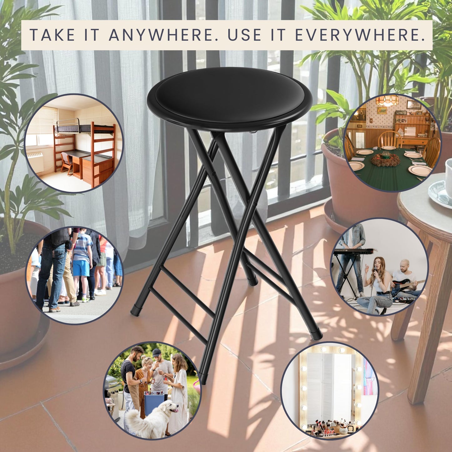 TG 82-0827 24-Inch Cushioned Folding Stool, Black