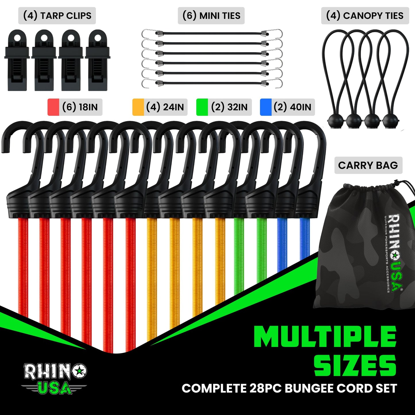 Rhino USA Bungee Cords with Hooks (28-Piece) Heavy Duty Outdoor Bungee Straps with Small, Short and Long Sizes - 4 Free Tarp Clips, Drawstring Bag, Canopy Ties & Ball Bungie - UV & Weather Resistant
