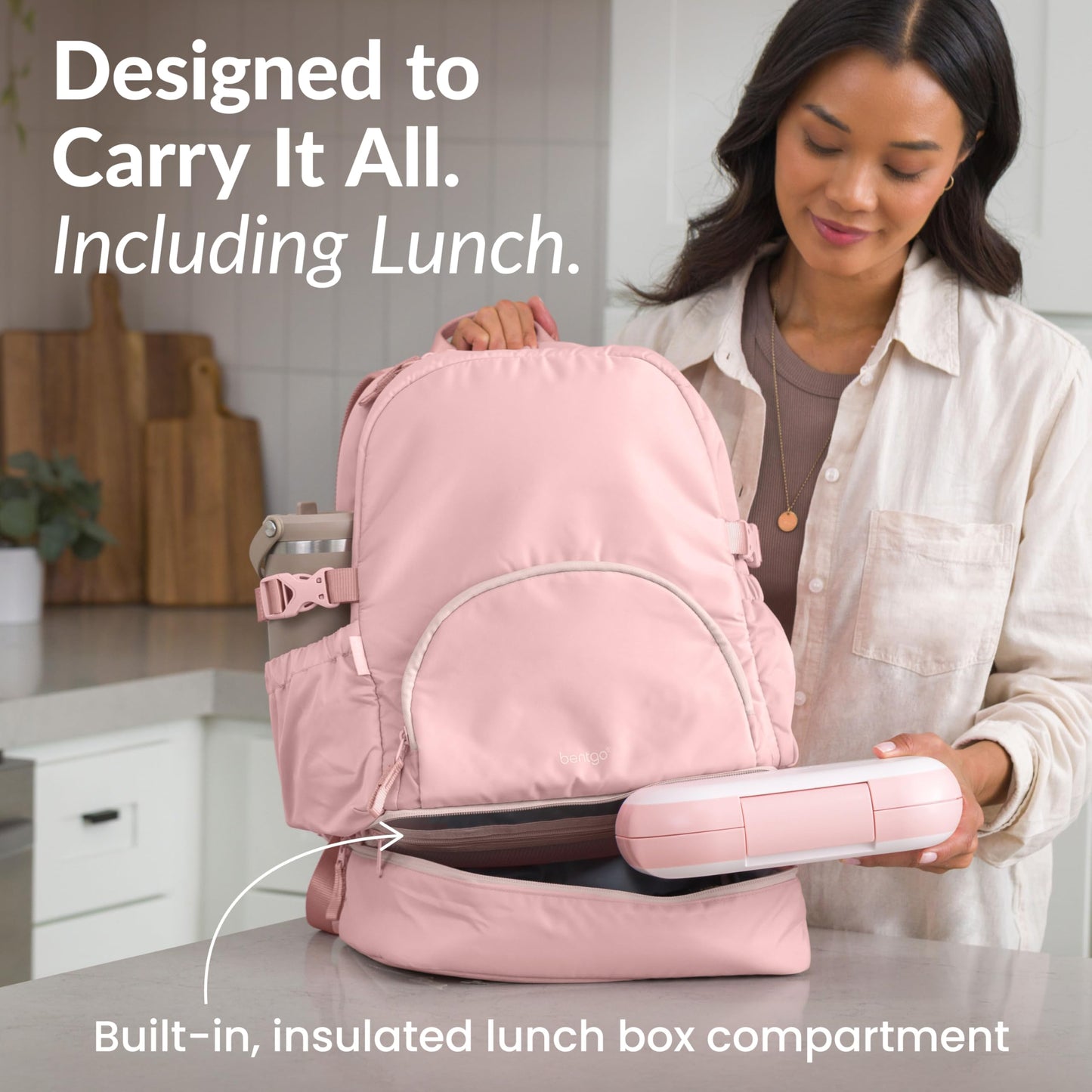 Bentgo® 2-in-1 Adult Backpack & Insulated Lunch Bag – Lightweight, Water-Resistant Travel Backpack with 9 Compartments, Laptop Sleeve & Trolley Sleeve for Work & Everyday Use (Soft Blush)