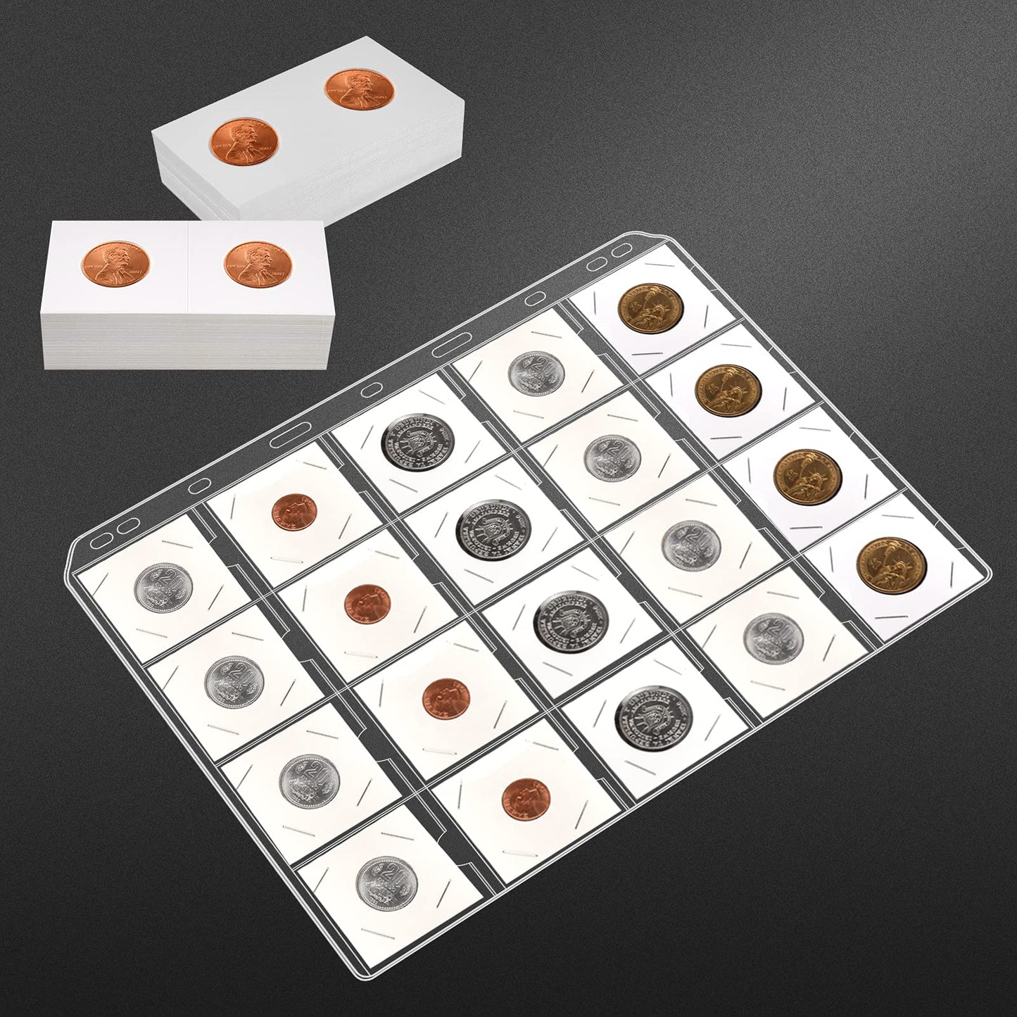 400 Cardboard Coin Holder for Collectors With 20 Sheets Pocket Pages, Collecting Book Sleeves Protectors Storage and 8 Size 2" x 2" Currency Holders for Collection Supplies