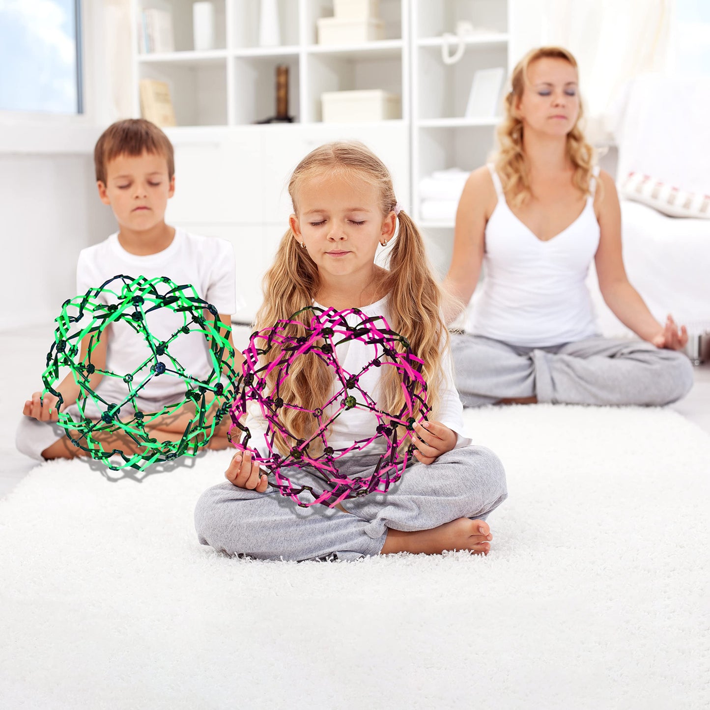 4E's Novelty 3 Pack Expandable Breathing Ball Sphere Toy - Expanding Stress Relief Breathing Ball Toys for Kids & Adults - for Anxiety, Yoga, Deep Breathing, ADHD - Neon Blue, Pink, & Green