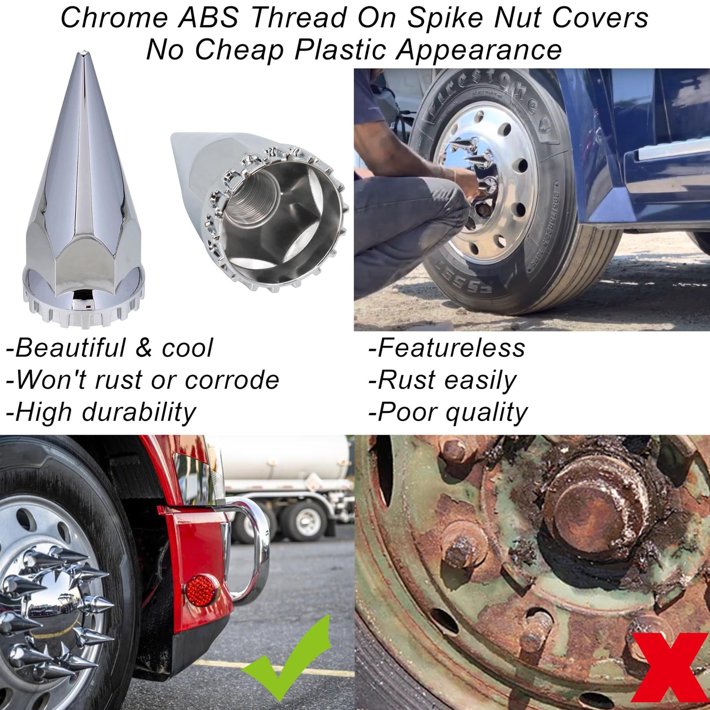 Semi Truck Lug Nut Covers Spike 33mm, Chrome Thread On Spiked Wheel Lug Nuts Covers, 33mm x 4-3/4" Screw-on ABS Plastic Lug Nuts Cover for Trailers(20 Pack)