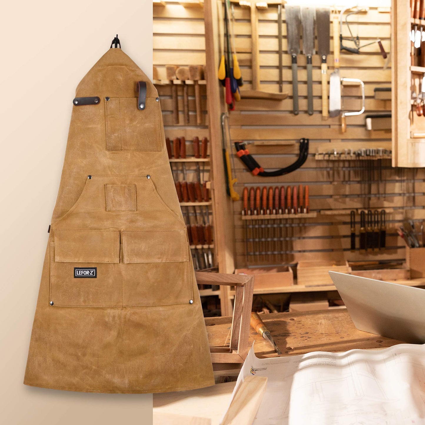 Woodworking Shop Apron with Magnetic Pocket,Waxed Canvas Work Apron for Men, Waterproof Carpenter Apron Cross- Back Strap & Adjustable from M to XXL