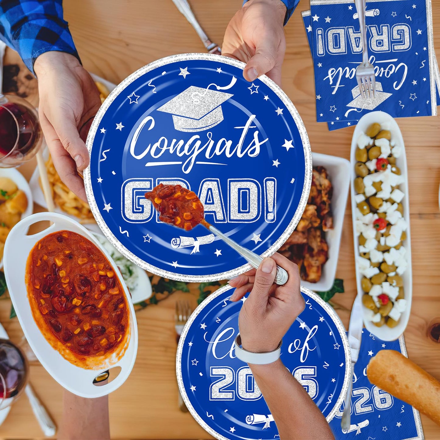 Blue and Silver Graduation Party Plates and Napkins 2026 - Congrats Grad Disposable Paper Plates Cocktail Napkins Luncheon Napkins for Graduation Party Decorations, Serve 50