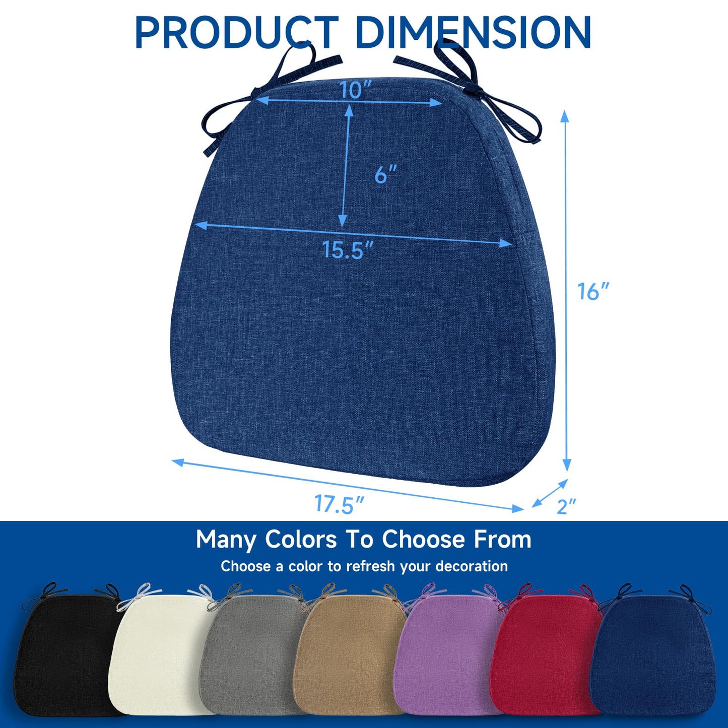 D-Shaped Chair Cushions for Dining Chairs, 2" Thickened Kitchen Seat Cushion with Removable Cover Anti Slip Indoor Chair Cushions for Dining Room/Kitchen Room, 17.5"×16"×2", Set of 4, Blue