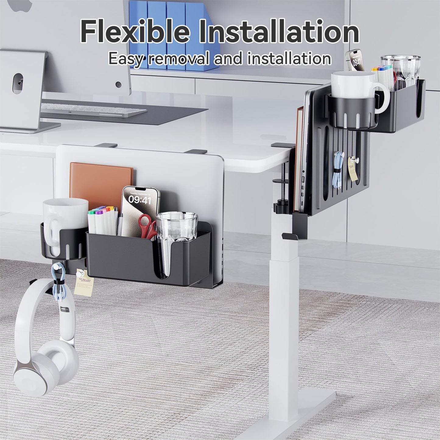 KDD 7 in 1 Desk Side Organizer Set, Under Desk Laptop Holder Storage, No Drill Laptop Mount with 2 Cup Holder, Pen Holder, Headphone Hanger and 2 Pin Magnet, Detachable Hanging Stand for Office & Home