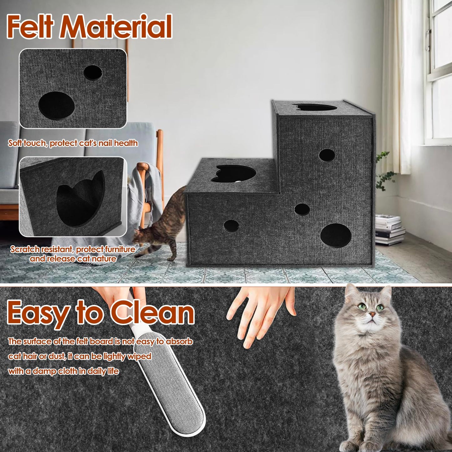 Cat Tunnel for Indoor Cats,DIY Transformable Cat Hideaway Cave,Kitten Play Tubes and Tunnels,Felt Peekaboo Cat Toy with Interactive Peek Holes (Grey, L-Shape Tunnel)