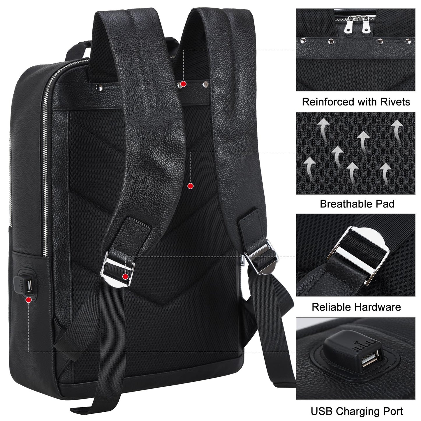 TIDING Leather Business Backpack for Men Women 15.6 Inch Laptop Work Bag College Casual Office Daypack with USB Charging Port