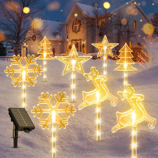 8 Pack Christmas Decorations Outdoor, 10 Modes Solar Christmas Pathway Lights Outdoor Waterproof with USB Charge, Solar Christmas Garden Stake Warm Lights for Christmas Decorations Yard