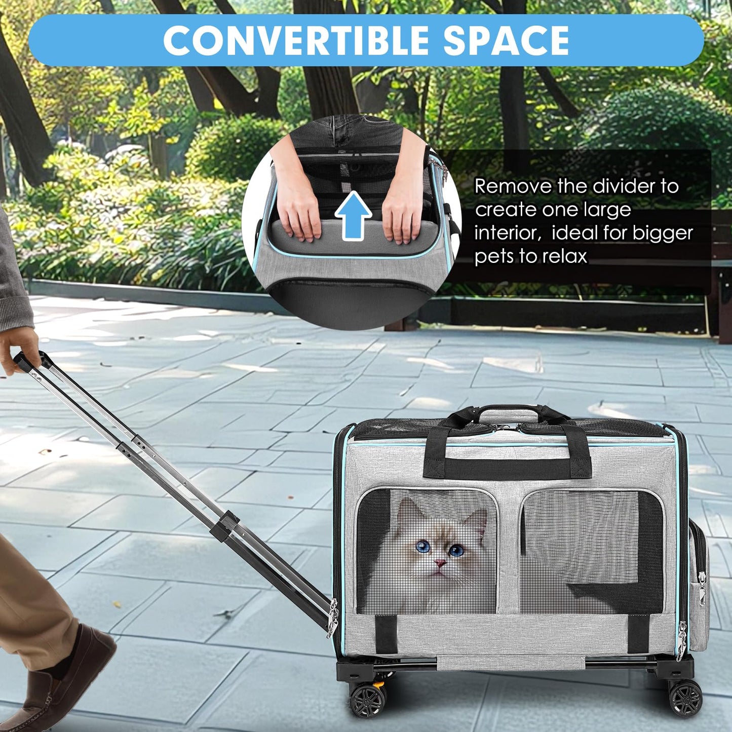 LUFFWELL Large Cat Carrier with Wheels, 2-in-1 Rolling Pet Carrier for Two Cats with Whisper-Quiet Wheels, Extra Large Soft-Sided Pet Travel Carrier for Vet Visits, Park Strolls & Car Travel (Grey)
