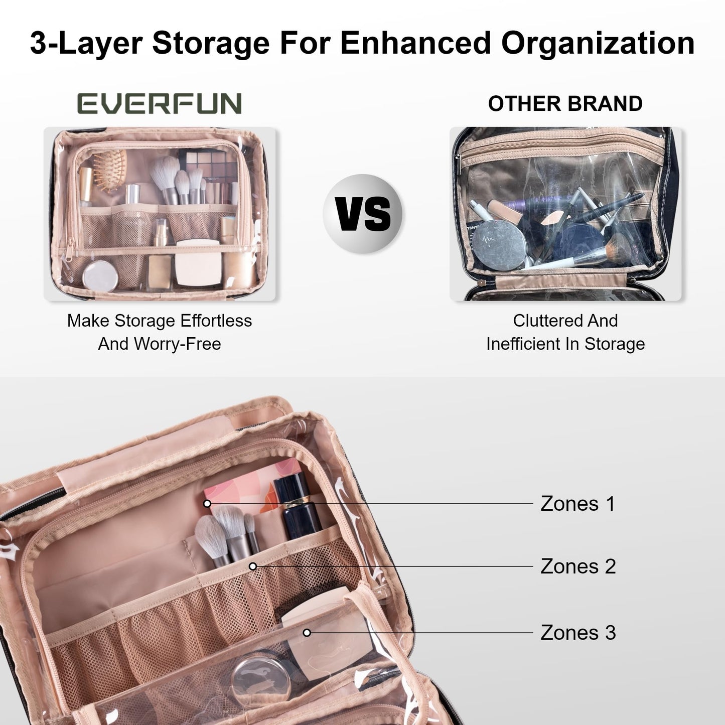 Everfun Hanging Travel Toiletry Bag for Women Traveling with Leakproof Compartment Makeup Cosmetic Organizer Dopp Kit Travel Accessories Essentials Must Have