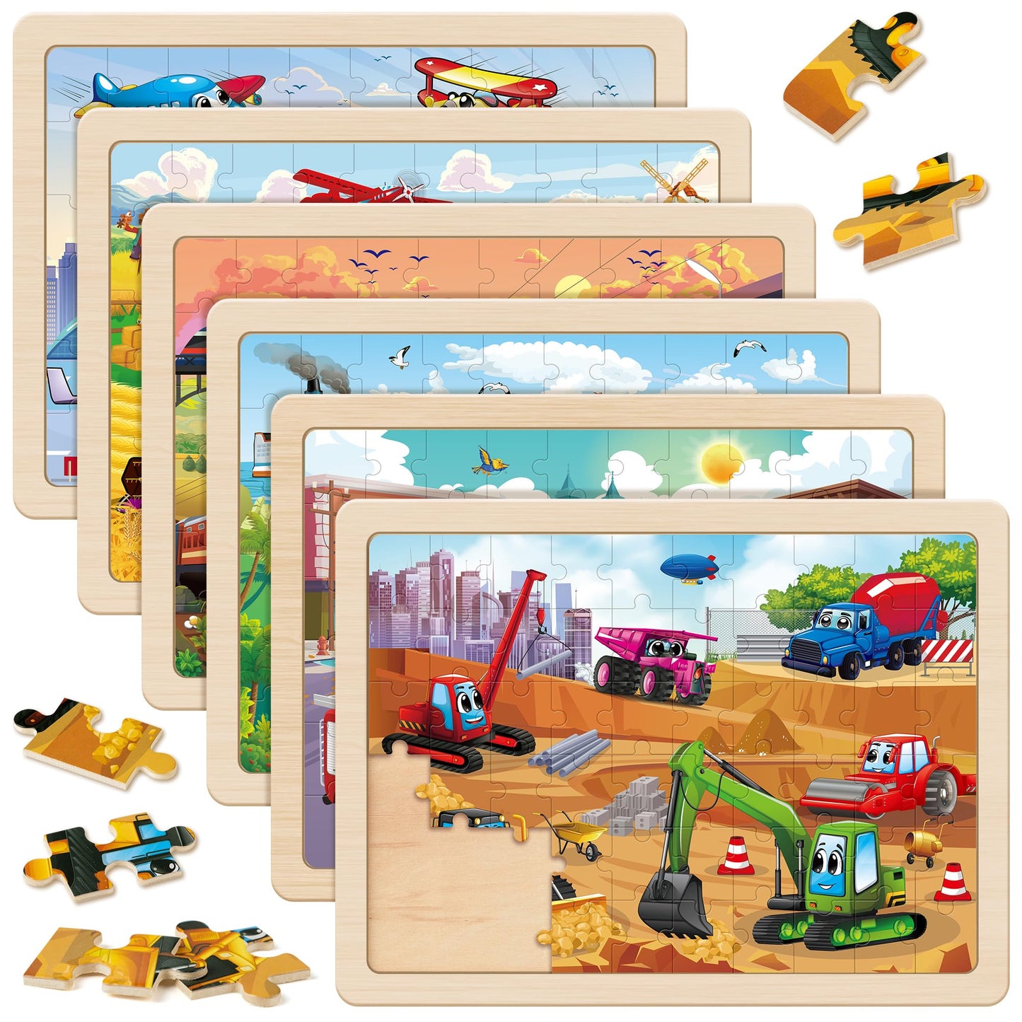 SYNARRY Wooden Vehicle Puzzles for Kids 3-5, 6 Packs 60 PCs Jigsaw Puzzles for Kids 4-8 Years Old, Wood Kids Puzzles Ages 5-8, Preschool Educational Toys Gifts for 3 4 5 6 7 8 Year Old