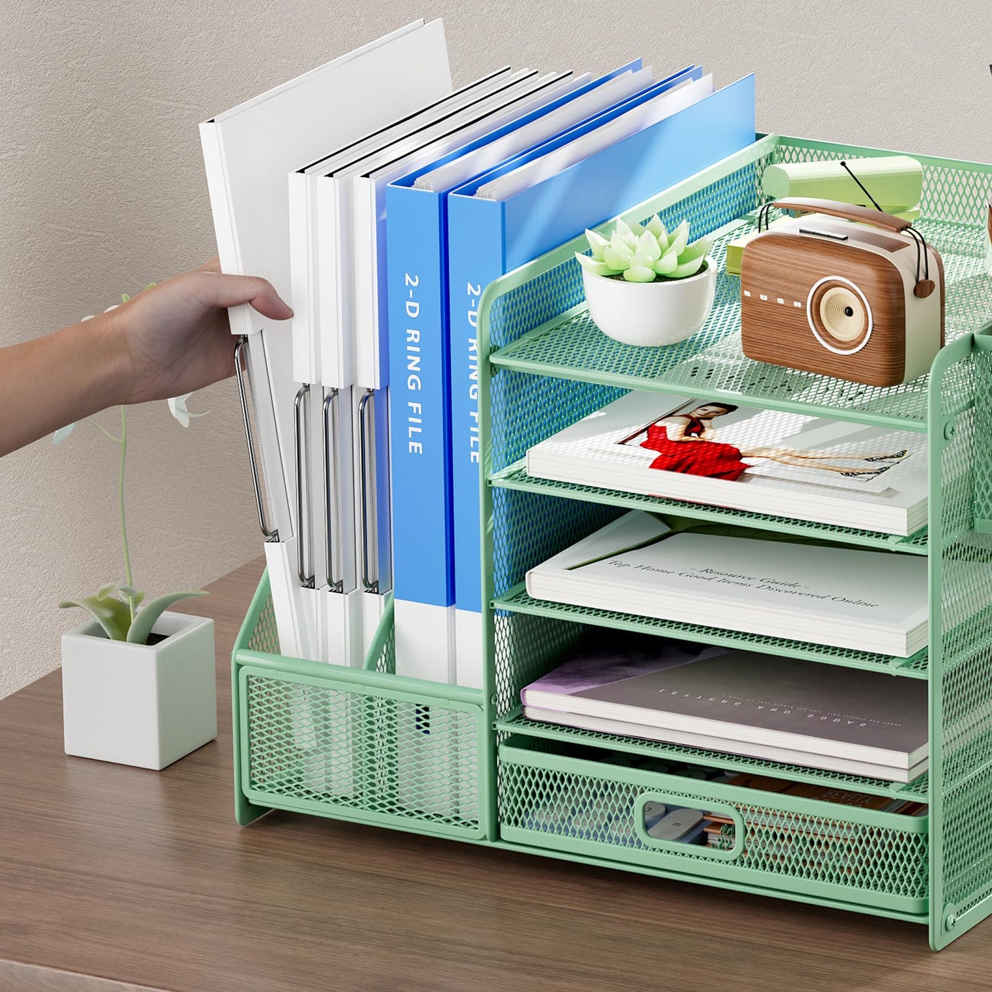 Marbrasse Desk Organizer with File Holder, 5 Tier Paper Letter Tray with Drawer and 2 Pen Holders, Document Organizer with Magazine Holder for School, Home, Office Supplies (Green)