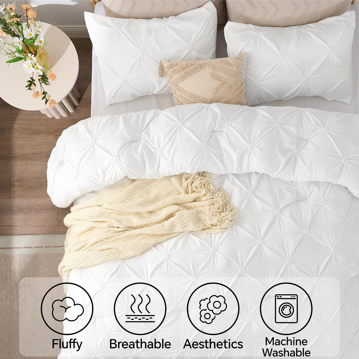 BEDELITE Queen Comforter Set White - 3 Pieces Boho Pintuck Bedding Sets, Queen Size Bed Set with 2 Pillow Shams for All Seasons, Room Decor Valentine's Gift,Lightweight Soft and Warm