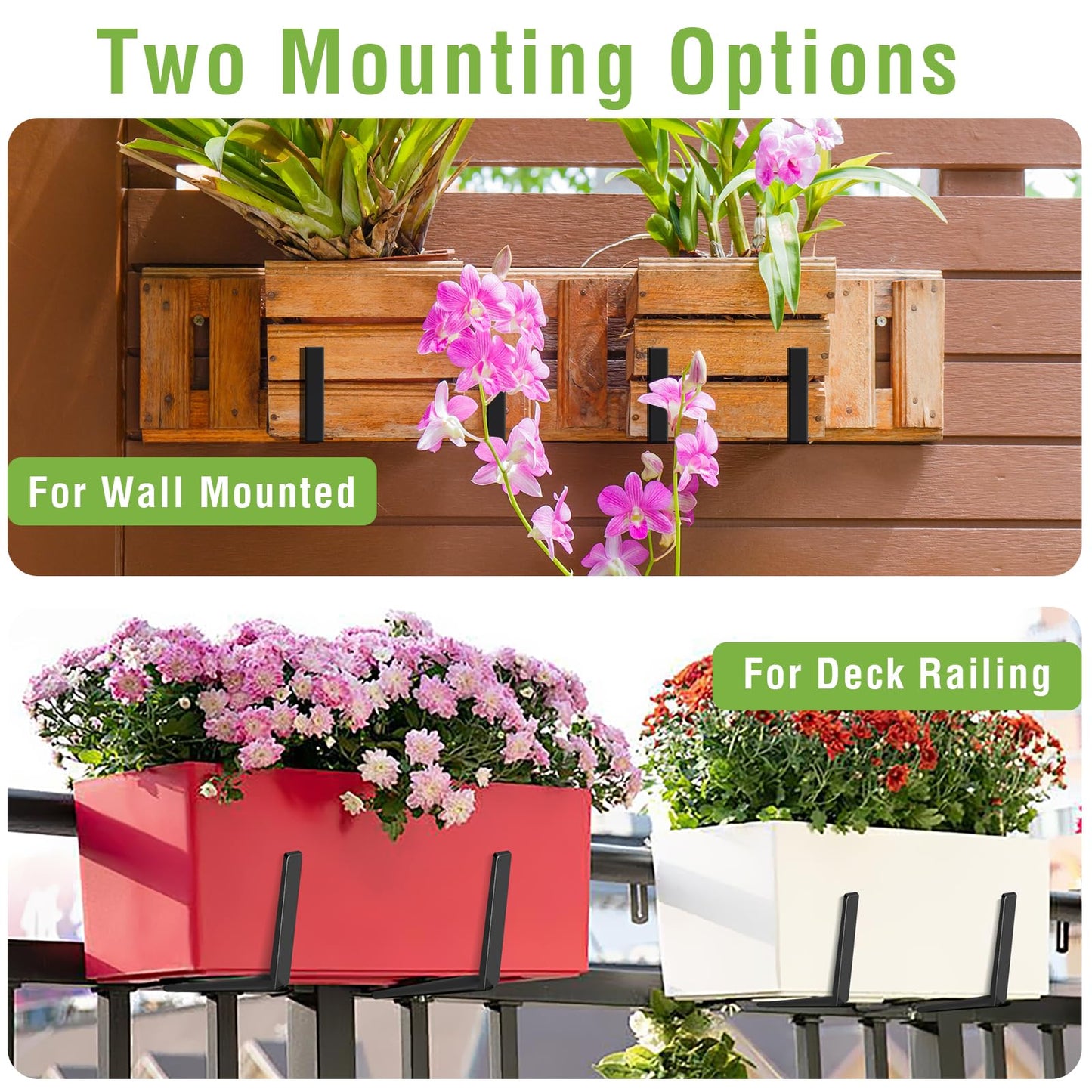 NouraVita Window Box Brackets, Adjustable Hanging Railing Planter Box Brackets, Heavy Duty Wall Mount Iron Flower Box Holder for Outdoor Windowsill, Balcony, Garden, and Fence (4 Pack)