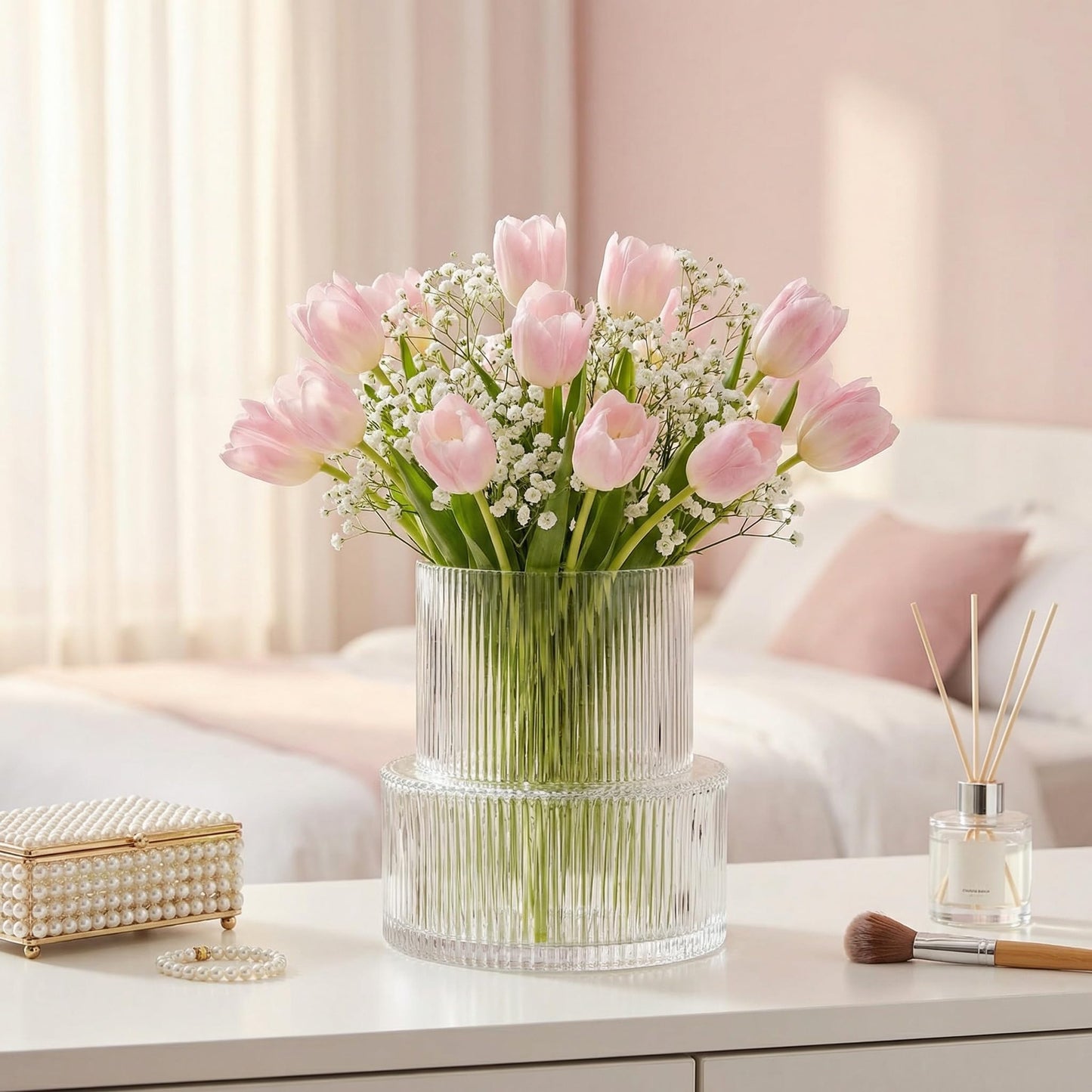 YANWE1 Clear Glass Vase, Ribbed Vase, Fluted Glass Vase, Flower Vase, Modern Vase for Centerpieces, Decorative Vase for Living Room, Dining Table, Entryway, Mantle, Shelf, Wedding, Office, 7.5 Inches