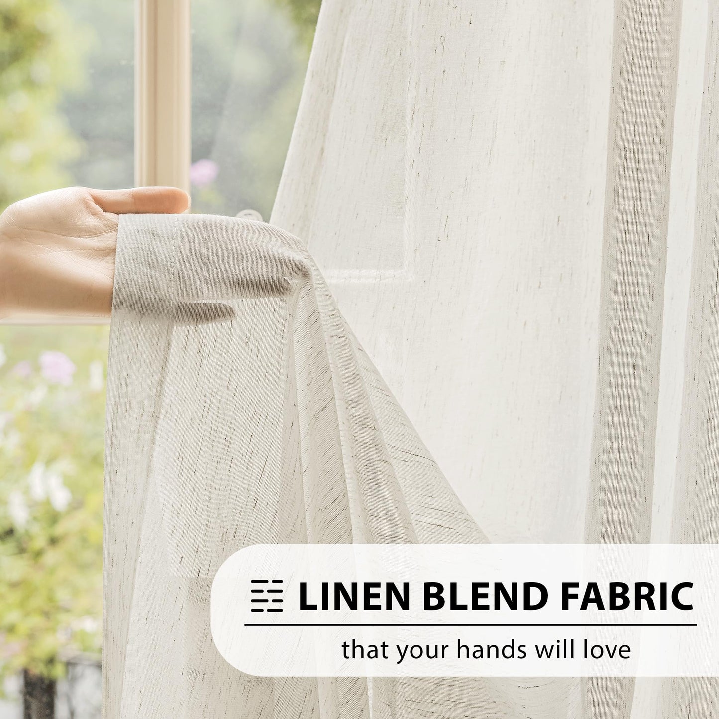 FMFUNCTEX Flax Linen Sheer Curtains for Living Room, Natural Curtains 84 Inches Long for Bedroom, Farmhouse Country Rustic Curtains Semi Sheer Drapes Rod Pocket Window Curtains 2 Panels Beige