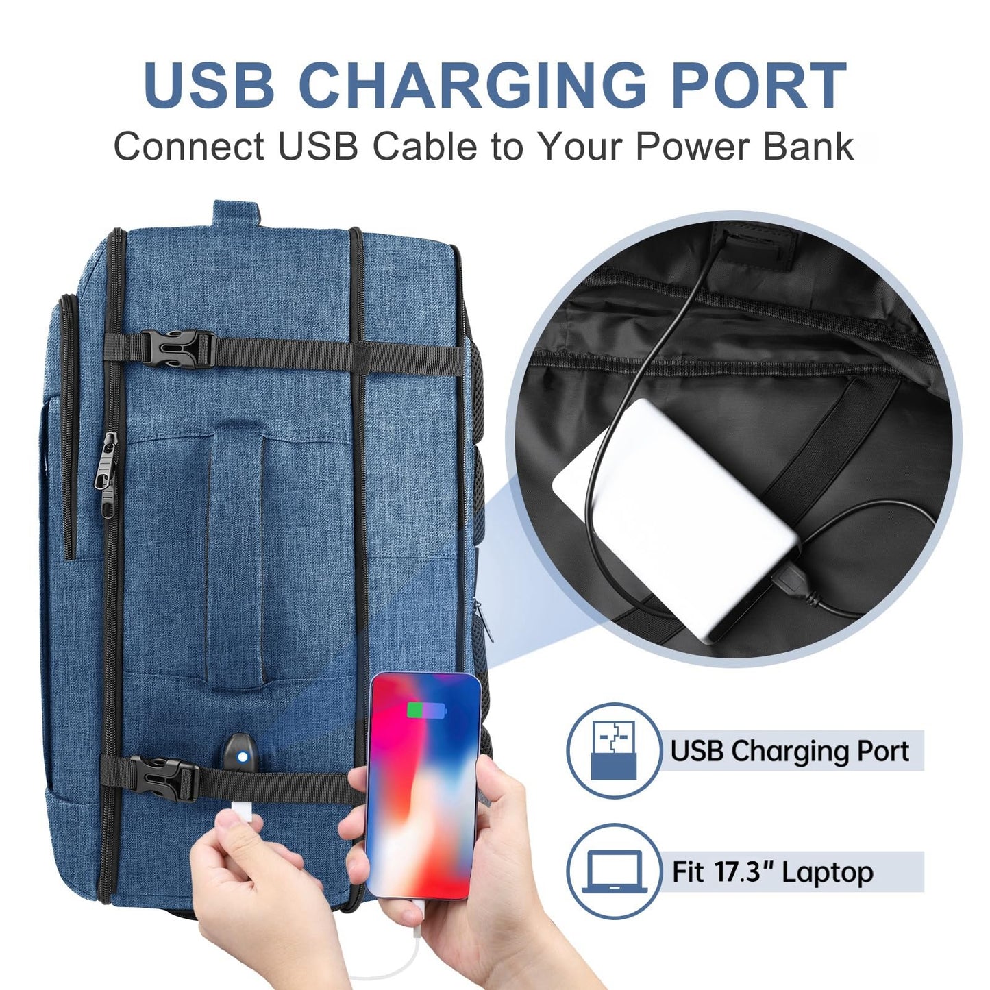 Carry On Backpack, Extra Large 50L Travel Backpack for Men & Women, Expandable Backpack For Airplanes, 17 Inch Laptop Backpack, Luggage 40L Daypack Lightweight Business Weekender Bag, Blue