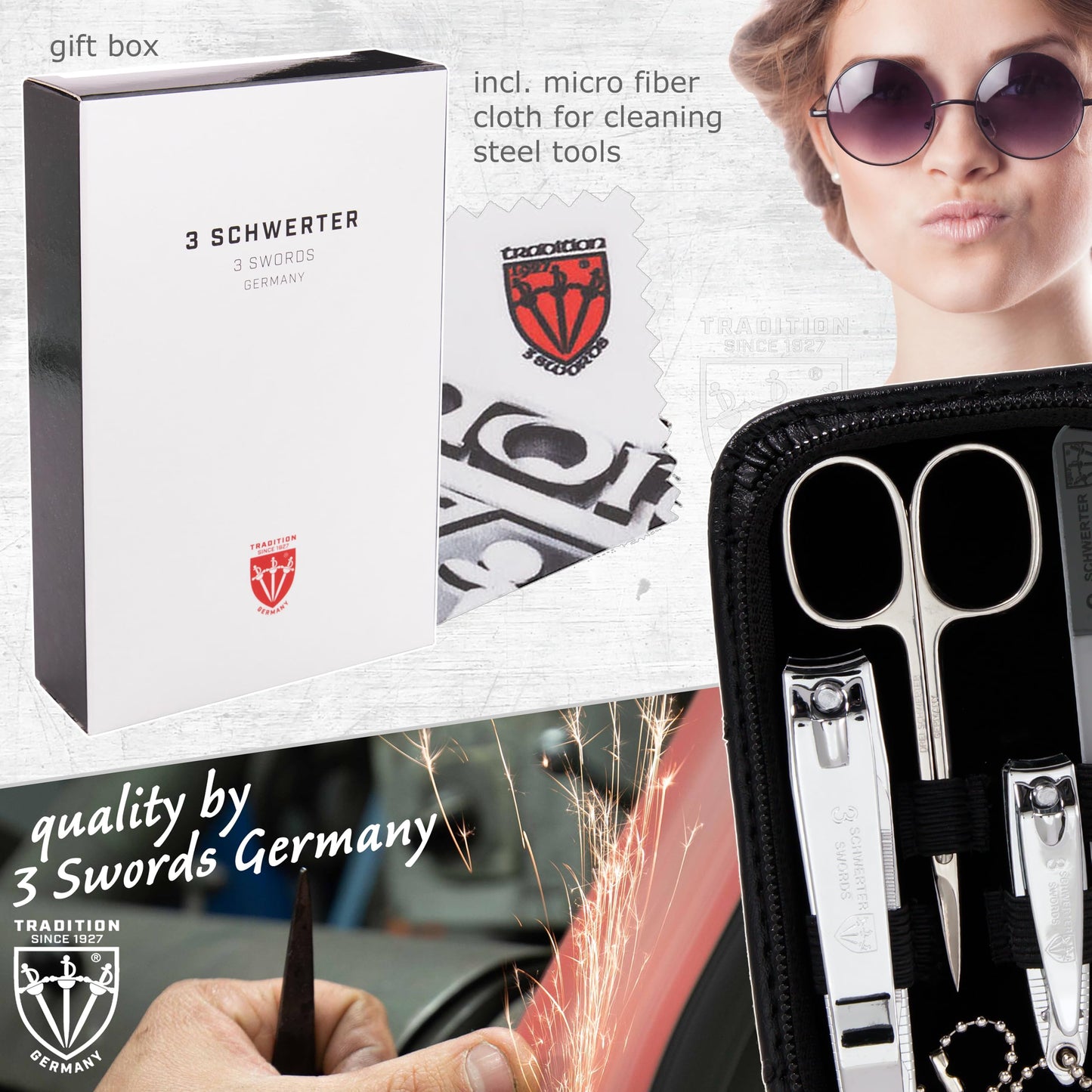 3 Swords Germany - brand quality 8 piece manicure pedicure grooming kit set for professional finger & toe nail care scissors clipper fashion leather case ostrich black in box, Made in Germany