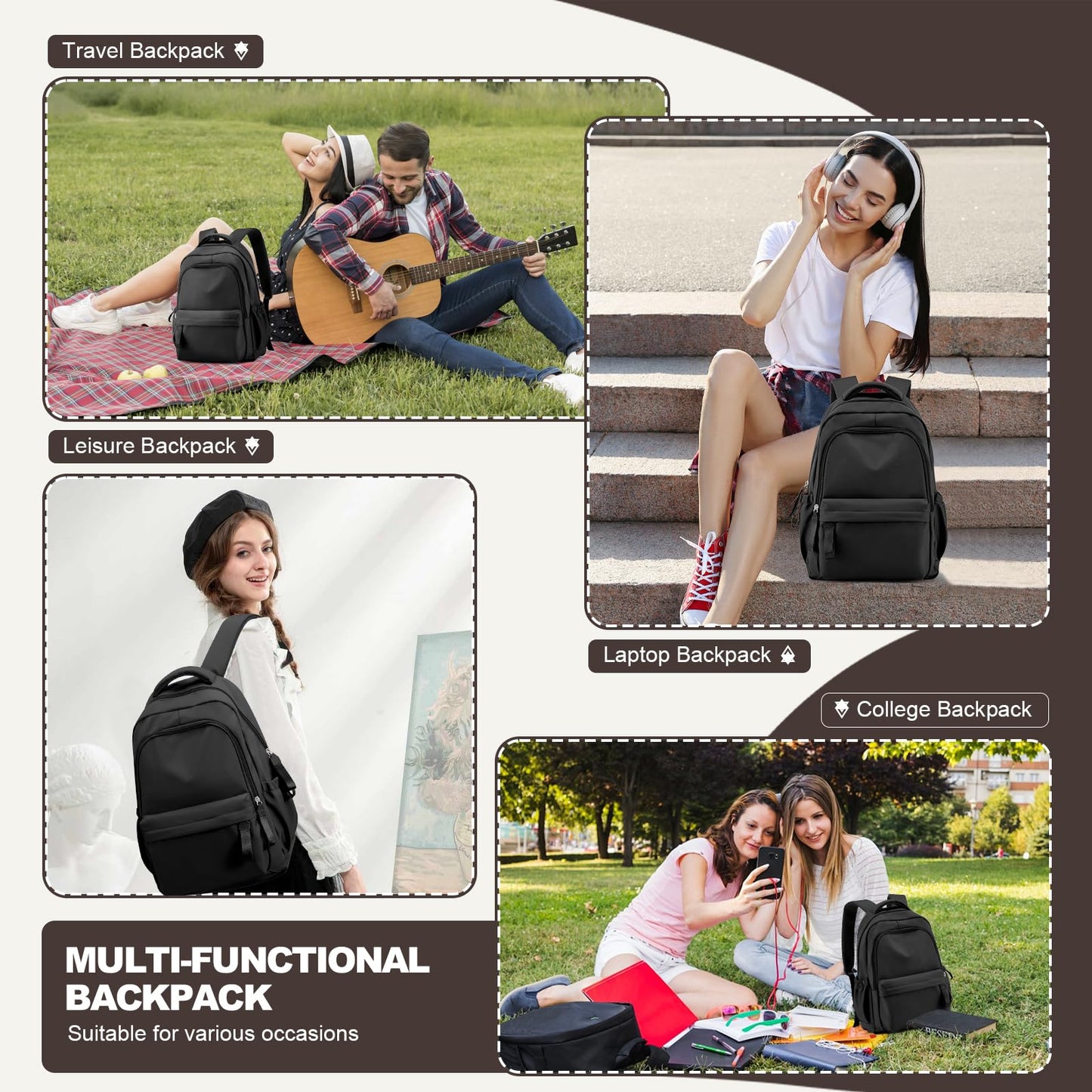 Backpack for School Black Women College High School Bag for Girls Teen Boys Book Bag Casual Travel Laptop Backpacks for Men