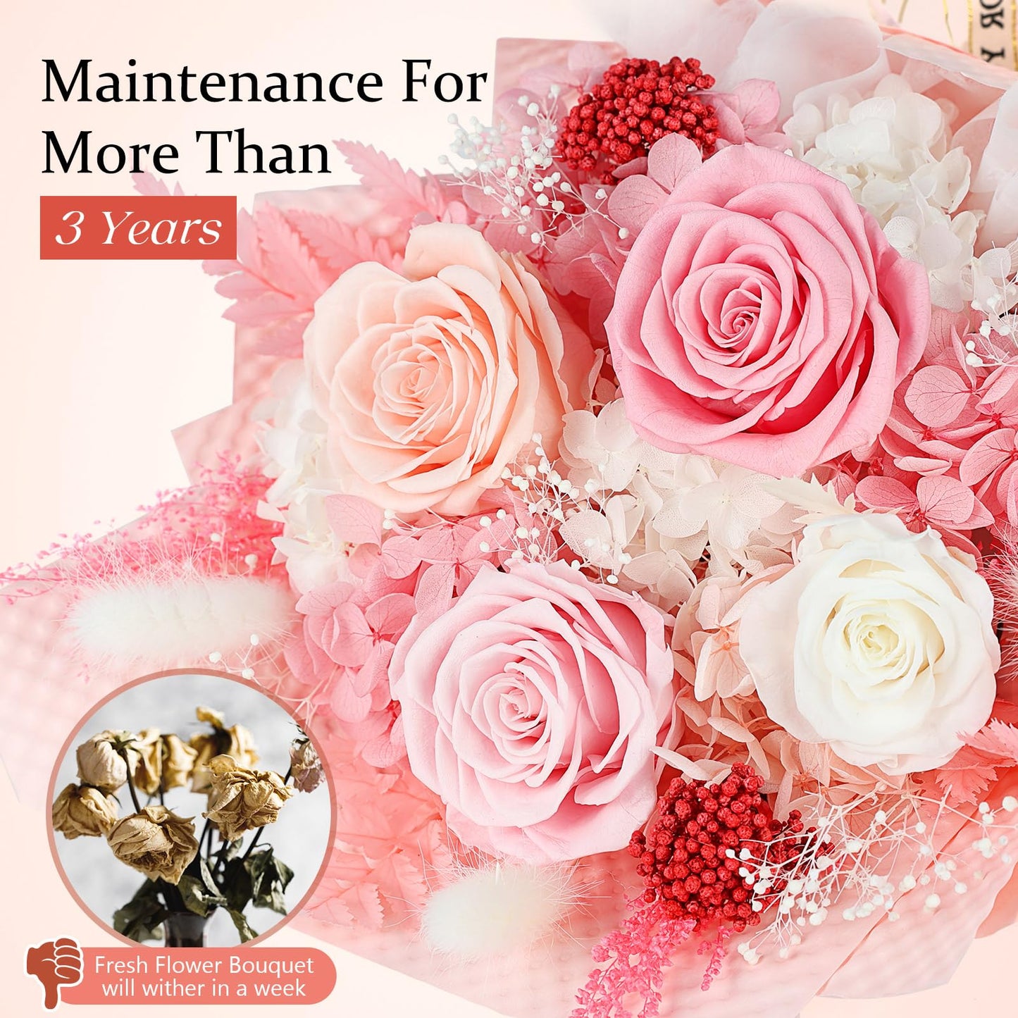 Preserved Flowers Bouquet 4 Roses - Pink Roses & Flowers for Delivery, Long-Lasting Real Roses Forever, Eternal Roses Bouquet, Anniversary Birthday Graduation Gifts for Women Mom Grandma Girlfriend
