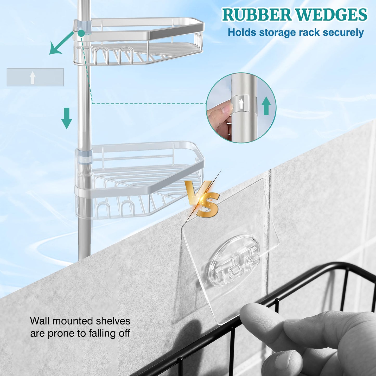 Shower Caddy Corner Tension Pole Stainless Organizer for Bathroom, Rustproof 4 Large Shelves and 2 Small Basket for Bathtub Shampoo Accessories Storage, 23.6 to 114.5 Inch Height Adjustable (Silver)