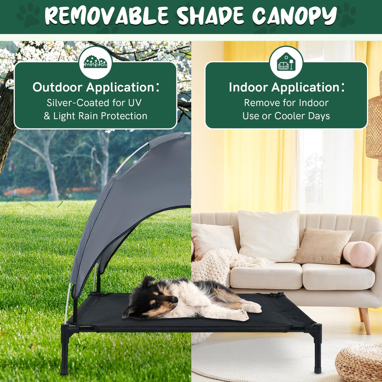 MYFULLY Elevated Dog Bed with Removable Sun Shade Canopy Portable Outdoor Pet Cot for Small and Medium Breeds, Waterproof Elevated Dog Bed for Camping, Backyard or Indoor Use