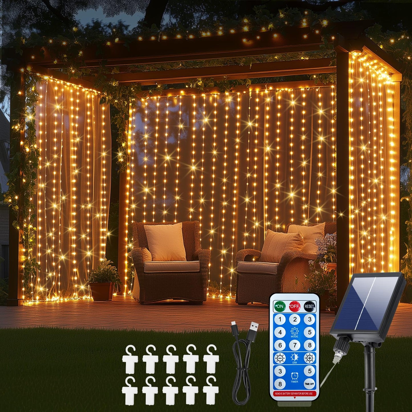 Adericher Solar Curtain Lights 10x10Ft 300LED Waterfall Lights with USB Rechargeable Waterproof Remote 8 Modes Timer Hanging Twinkle Fairy String Lights for Wedding Pergola Gazebo Bedroom Christmas