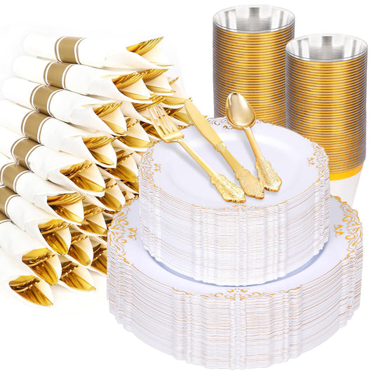 350 Piece Dinnerware Set for Wedding & Party,50 Guest RimPlastic Plates,50 Plastic Silverware,50 Cups,50 Linen Like Napkins (Gilding Gold)