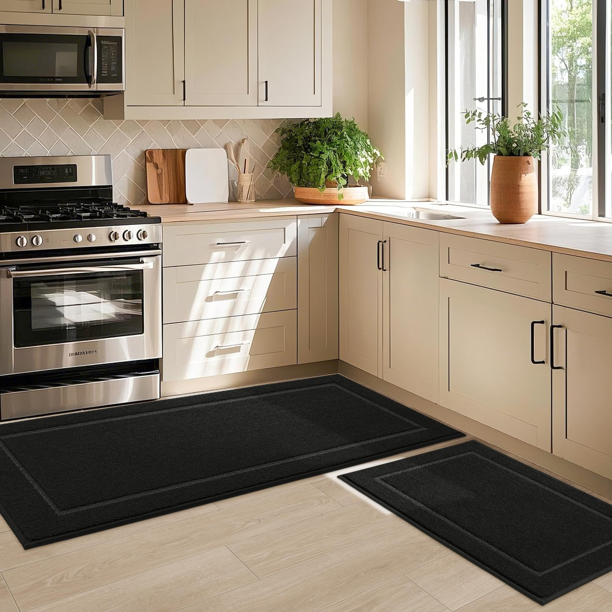 JSEI Non-Slip Kitchen Mats, Self Adhesive No Sliding Kitchen Rugs Set of 2, Washable Absorbent Floor Mat for Kitchen, Bathroom, Laundry Room, Bedroom, 24"x36"+24"x60" Black, Rectangular Pattern