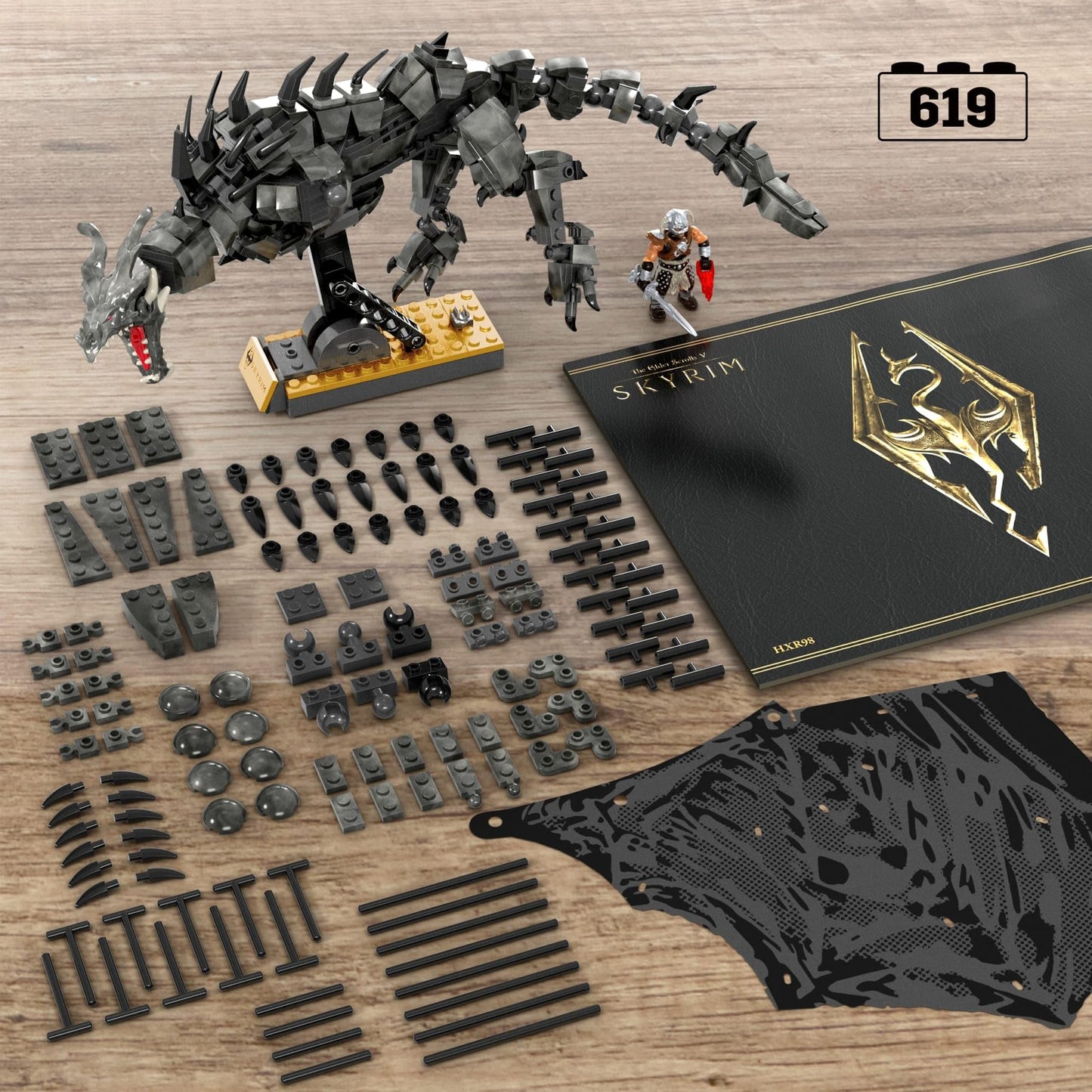 MEGA Skyrim Action Figures Building Toys, Alduin the World Eater with 619 Pieces, with 1 Dragonborn Figure, for Collectors